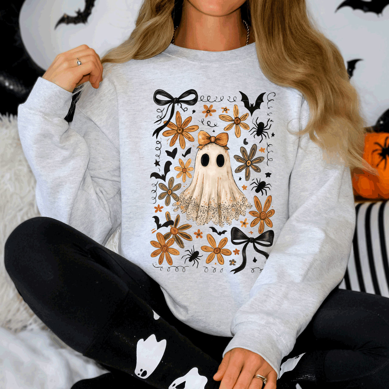 Beautiful Halloween, Bows, Bats, Flowers Boho Vintage Cozy Autumn Graphic Sweatshirt
