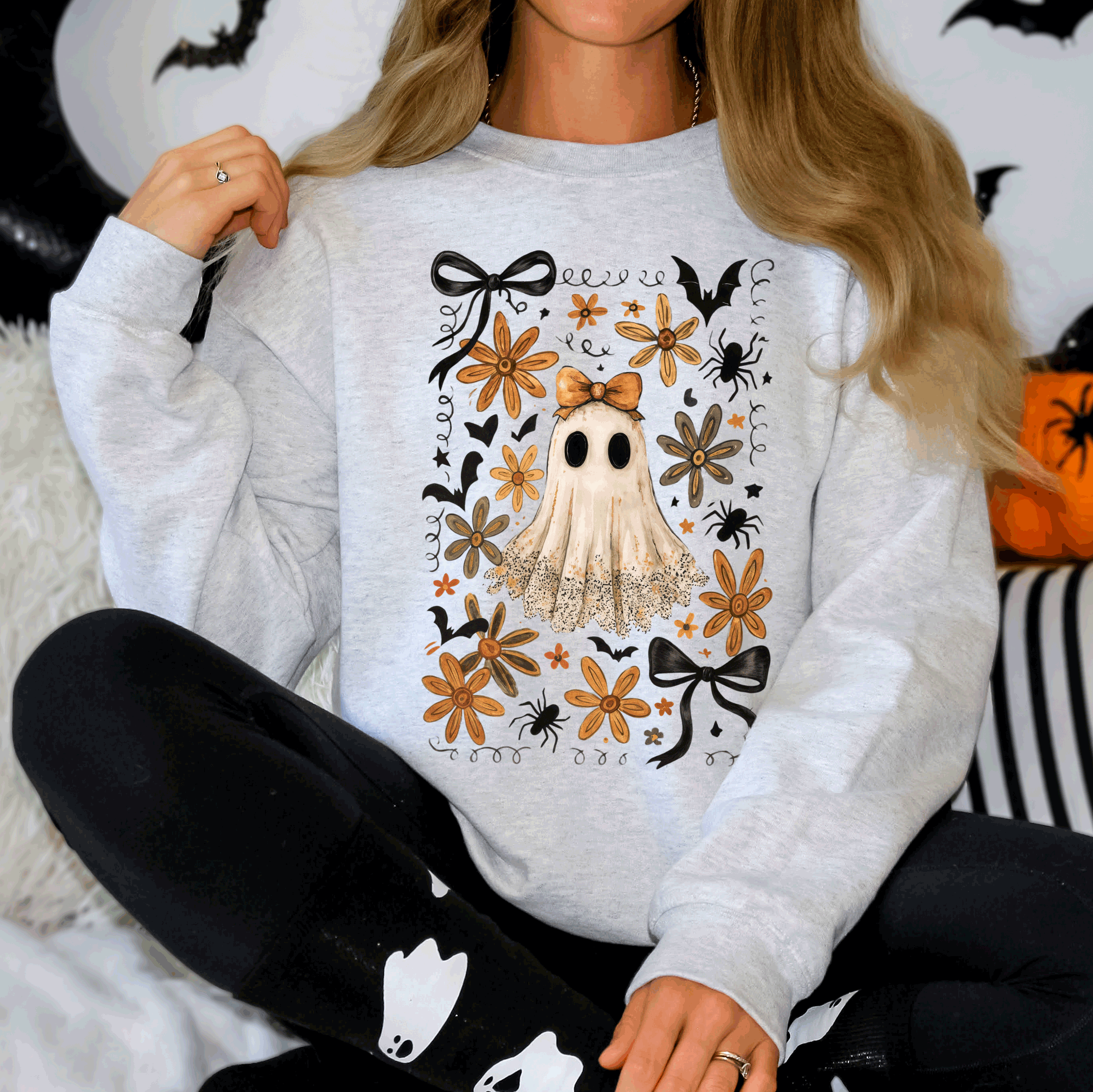 Beautiful Halloween, Bows, Bats, Flowers Boho Vintage Cozy Autumn Graphic Sweatshirt