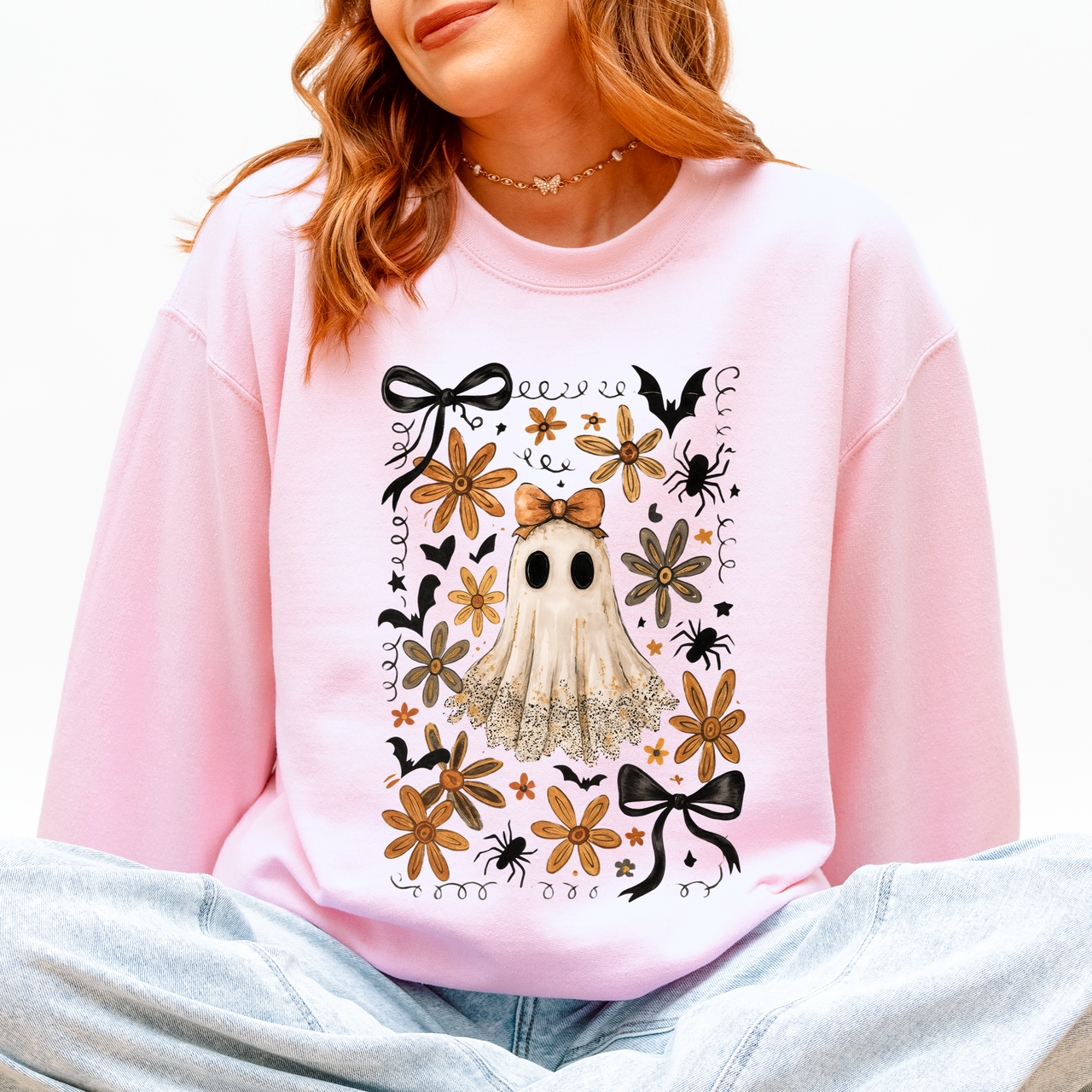 Beautiful Halloween, Bows, Bats, Flowers Boho Vintage Cozy Autumn Graphic Sweatshirt