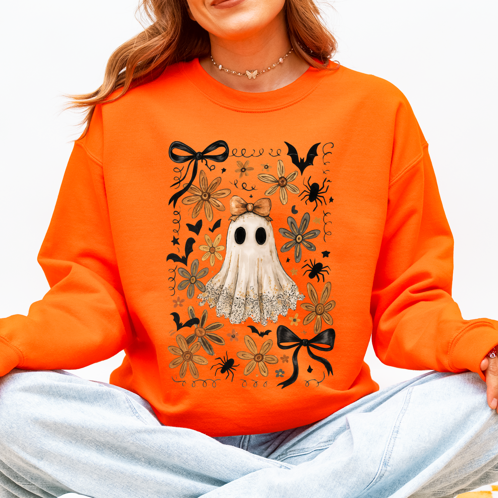Beautiful Halloween, Bows, Bats, Flowers Boho Vintage Cozy Autumn Graphic Sweatshirt
