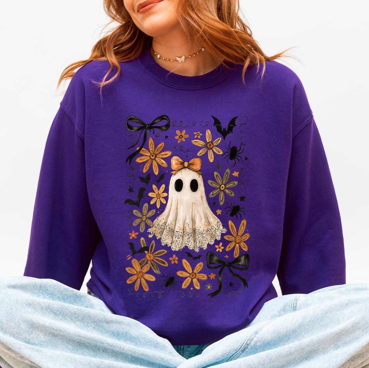 Beautiful Halloween, Bows, Bats, Flowers Boho Vintage Cozy Autumn Graphic Sweatshirt