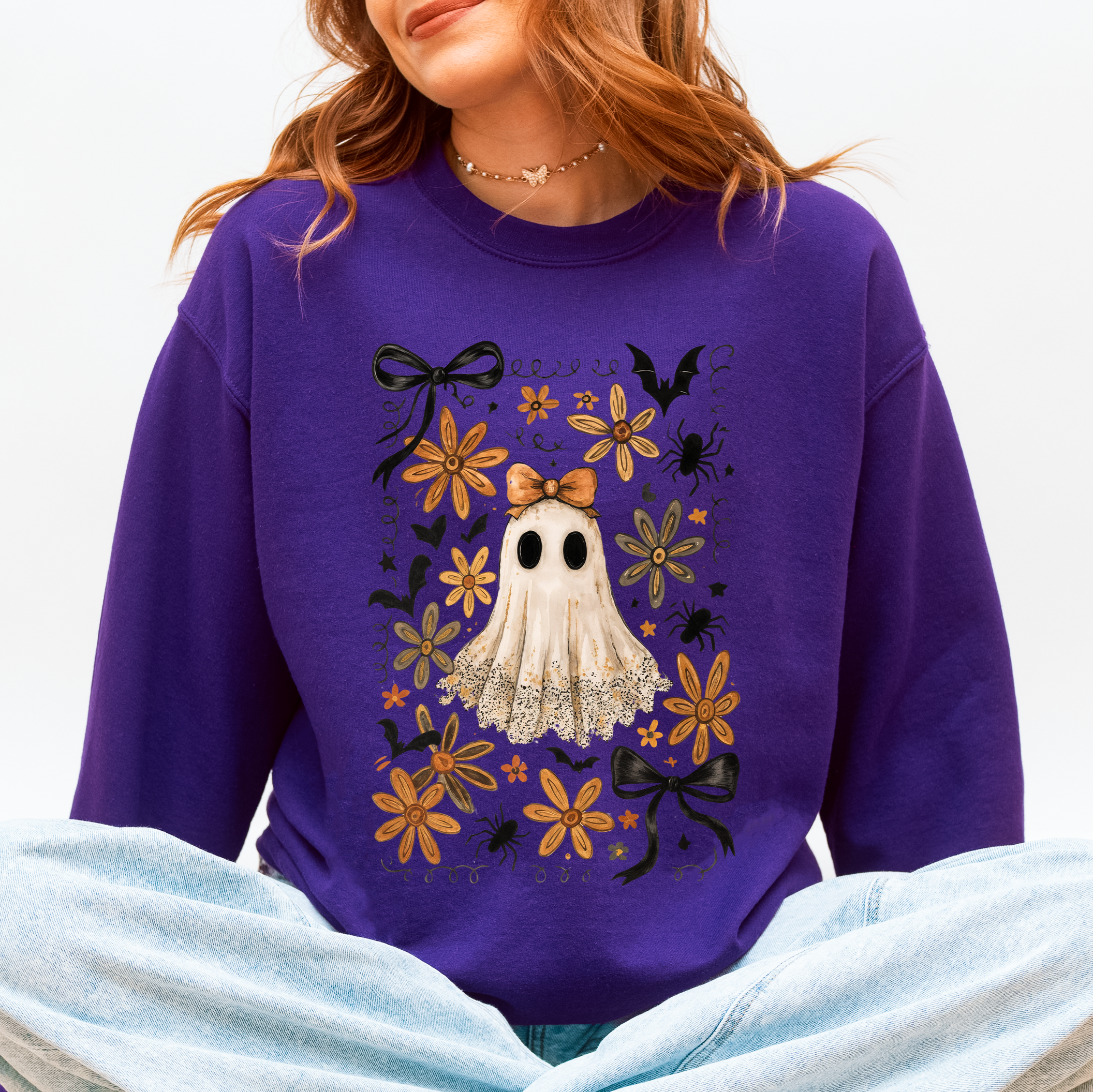 Beautiful Halloween, Bows, Bats, Flowers Boho Vintage Cozy Autumn Graphic Sweatshirt