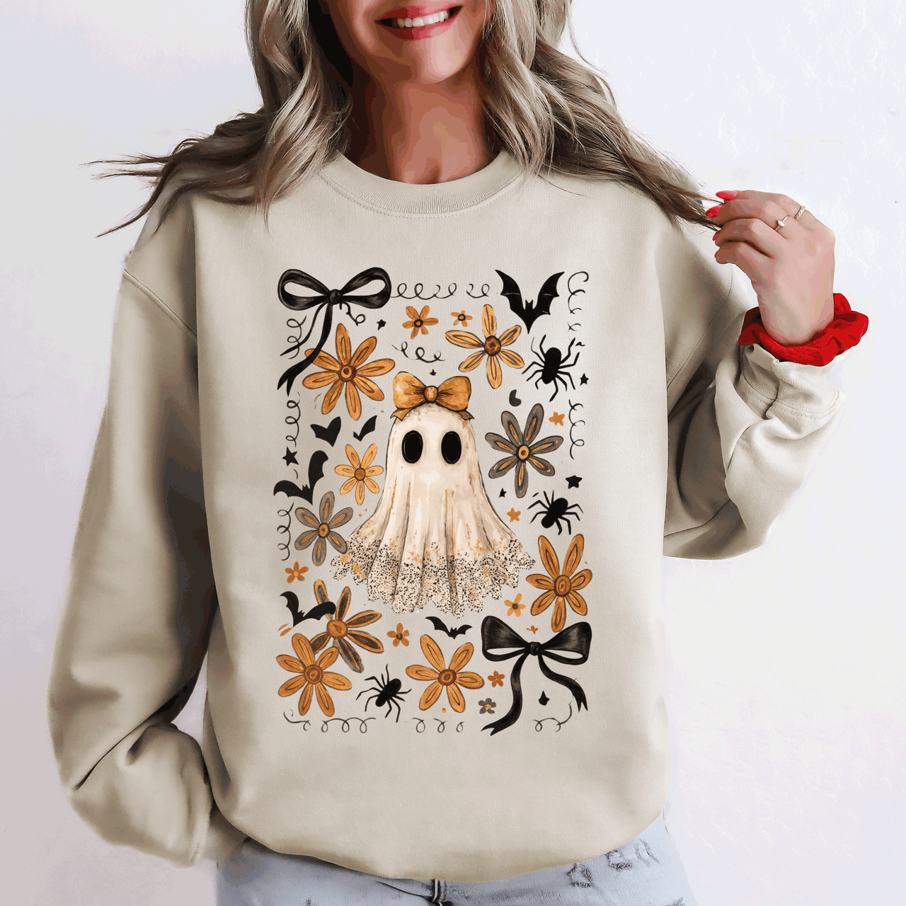 Beautiful Halloween, Bows, Bats, Flowers Boho Vintage Cozy Autumn Graphic Sweatshirt
