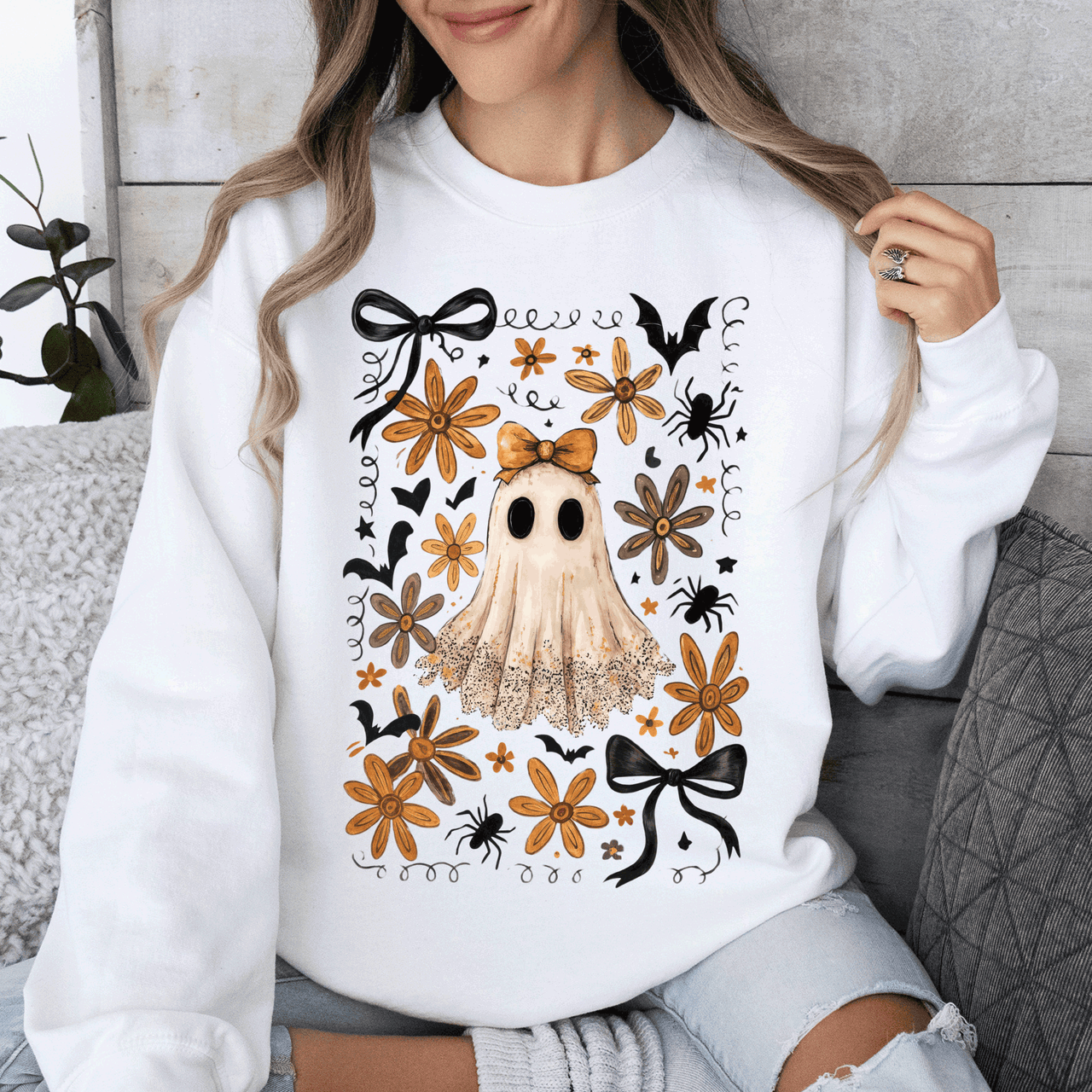 Beautiful Halloween, Bows, Bats, Flowers Boho Vintage Cozy Autumn Graphic Sweatshirt