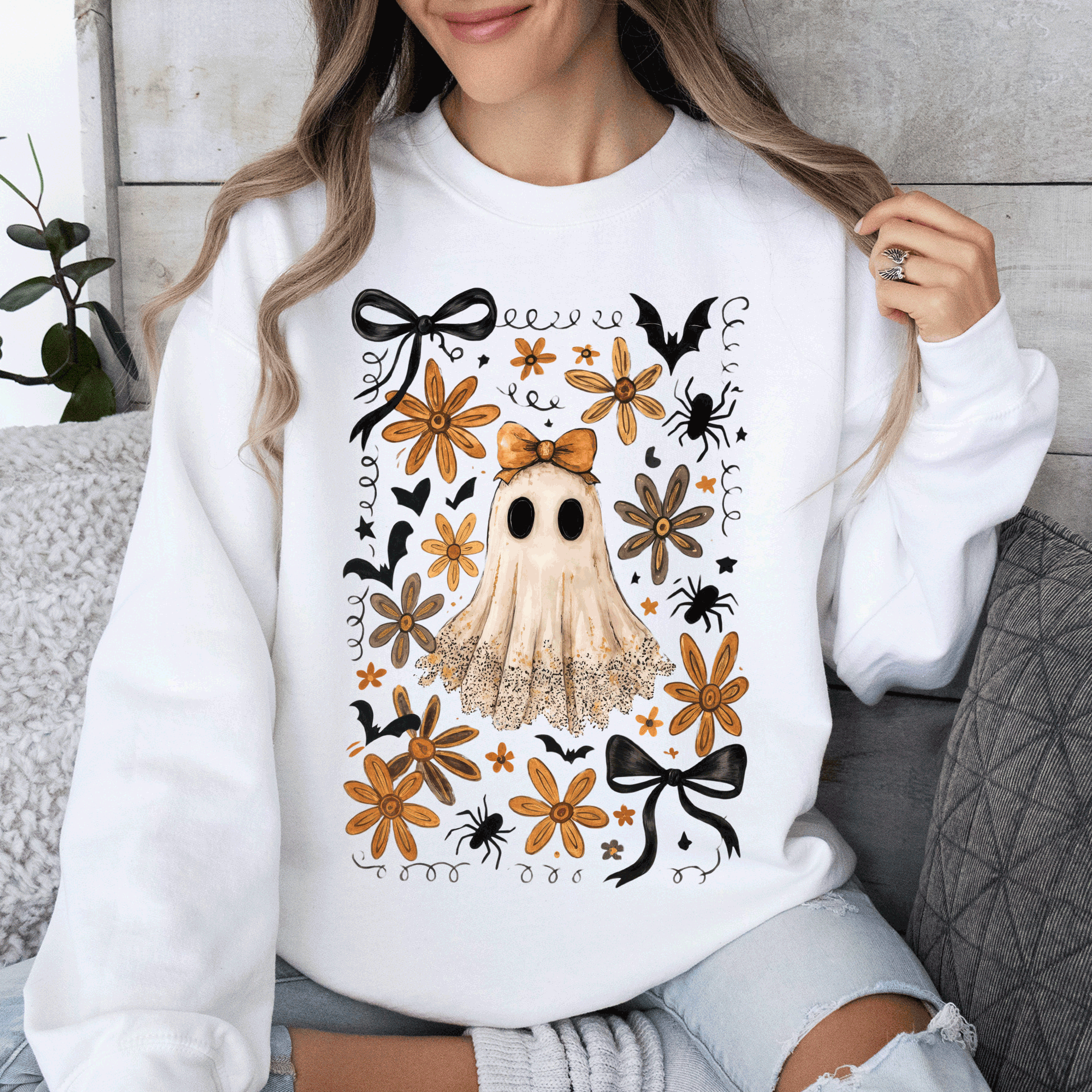 Beautiful Halloween, Bows, Bats, Flowers Boho Vintage Cozy Autumn Graphic Sweatshirt