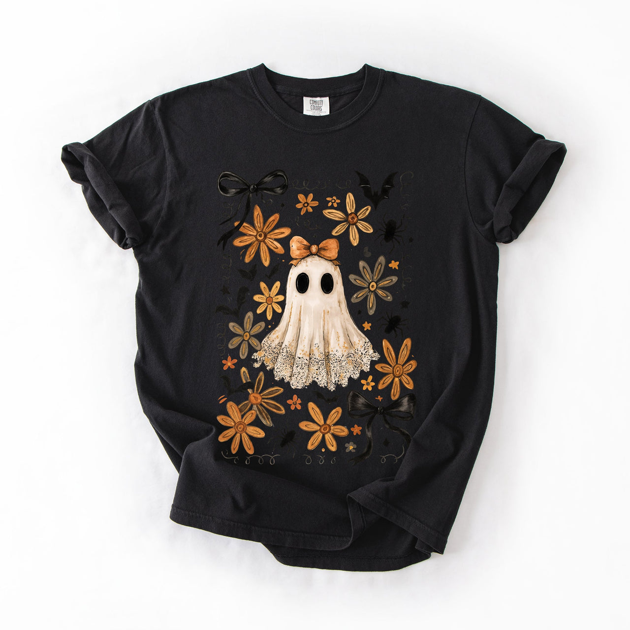 Beautiful Halloween Bows Bats Flowers Festive Gothic Motif Halloween Night Themed Comfort Colors Tee