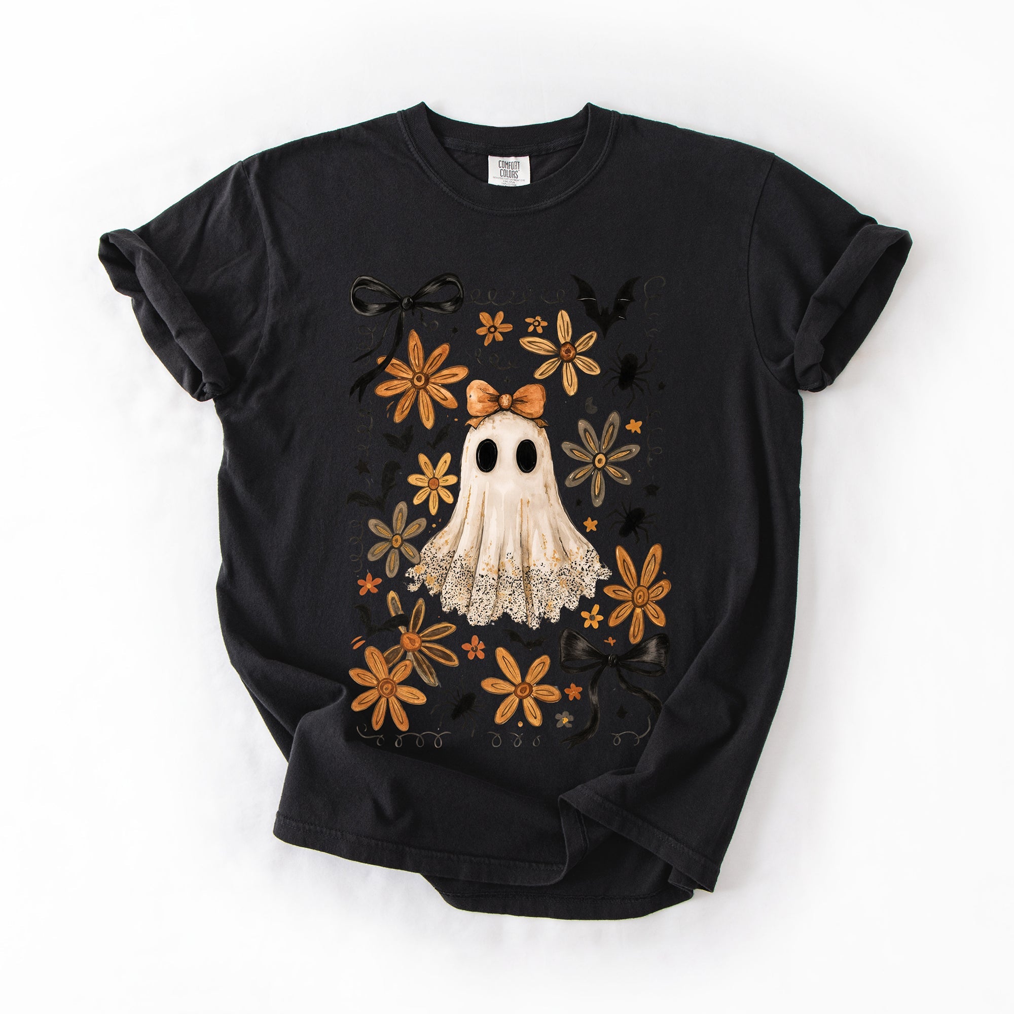 Beautiful Halloween Bows Bats Flowers Festive Gothic Motif Halloween Night Themed Comfort Colors Tee