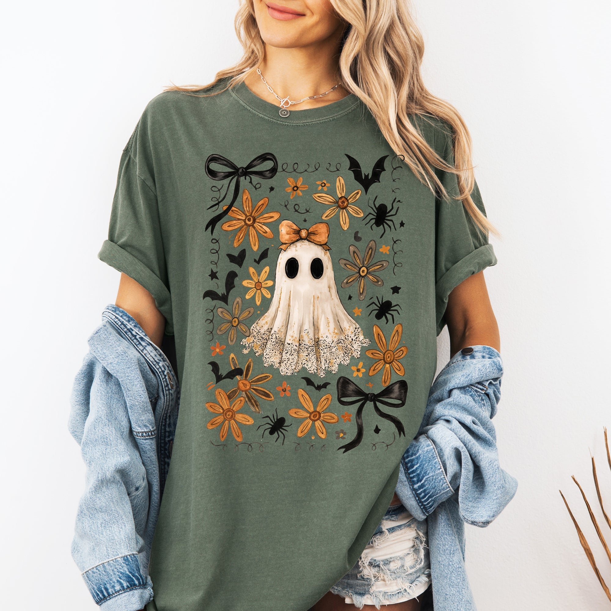 Beautiful Halloween Bows Bats Flowers Festive Gothic Motif Halloween Night Themed Comfort Colors Tee