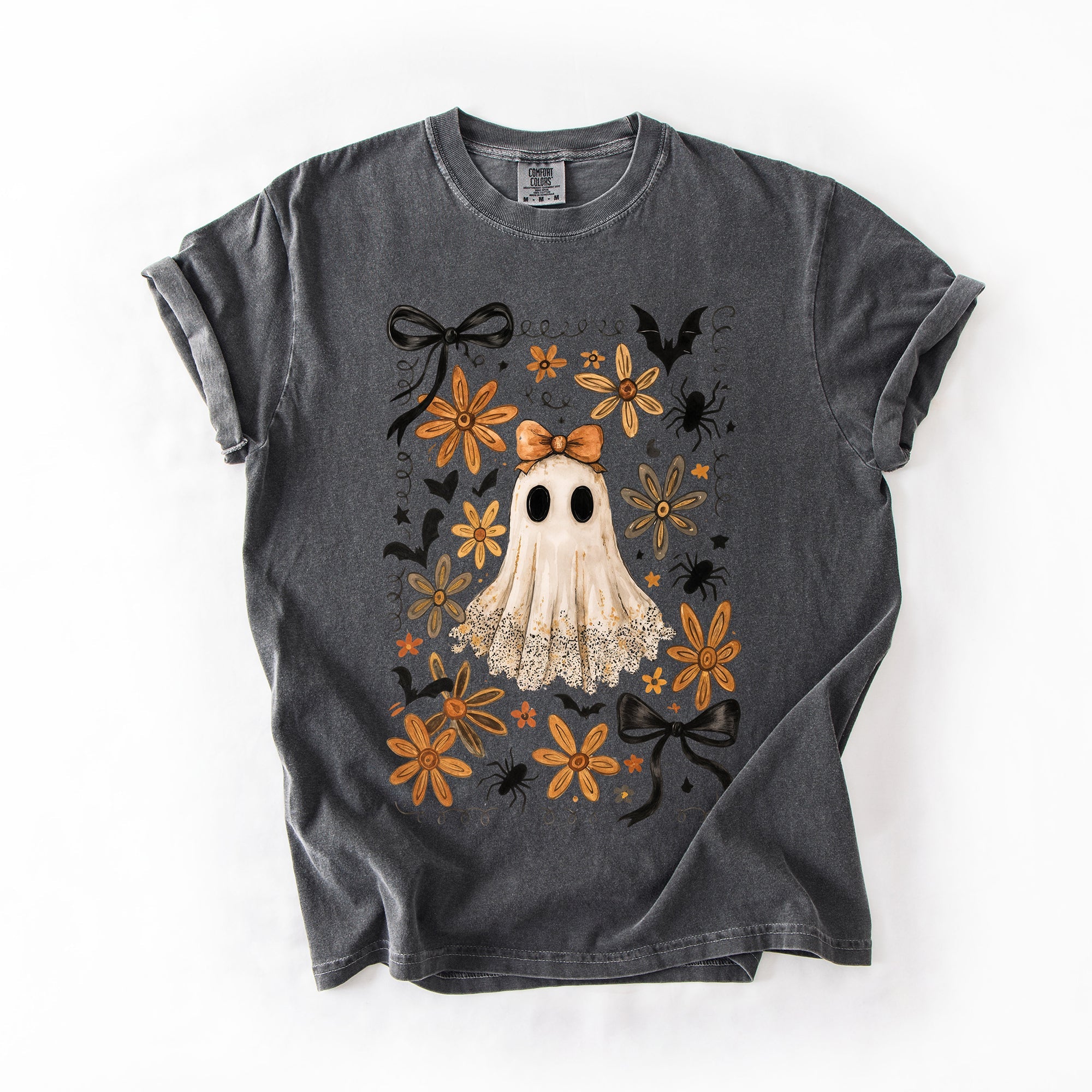 Beautiful Halloween Bows Bats Flowers Festive Gothic Motif Halloween Night Themed Comfort Colors Tee