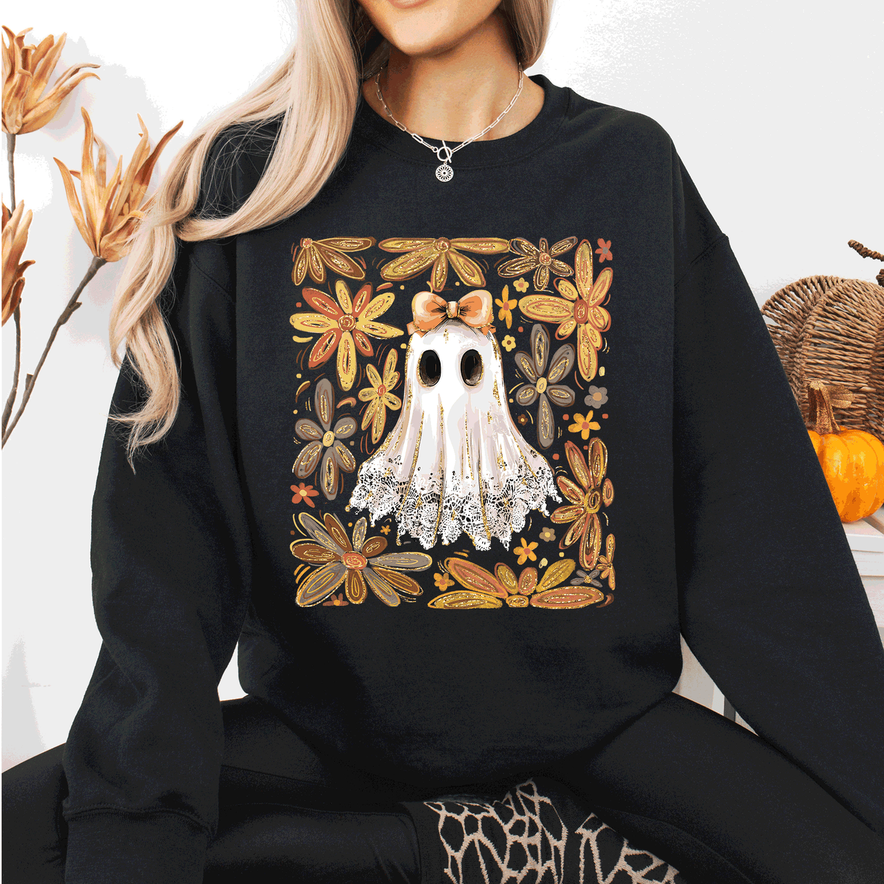 Beautiful Halloween Flowers Coquette Ghost Cozy Night Garden Illustration Sweatshirt