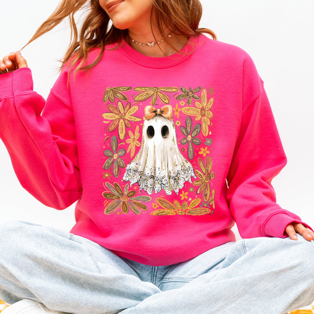 Beautiful Halloween Flowers Coquette Ghost Cozy Night Garden Illustration Sweatshirt