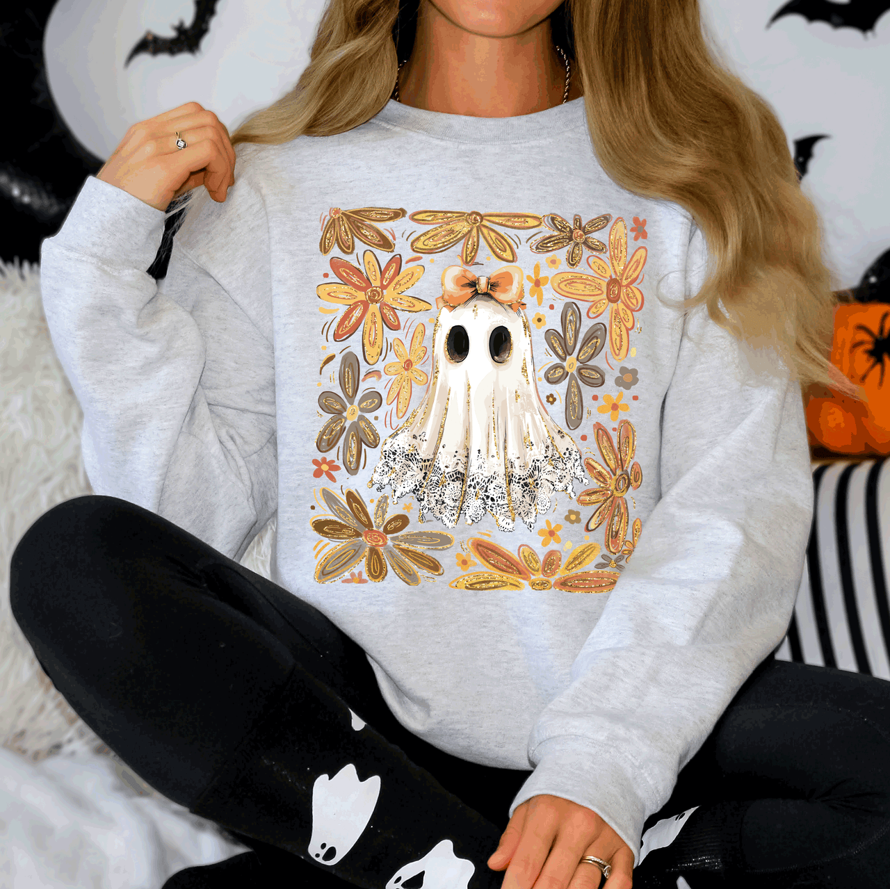 Beautiful Halloween Flowers Coquette Ghost Cozy Night Garden Illustration Sweatshirt