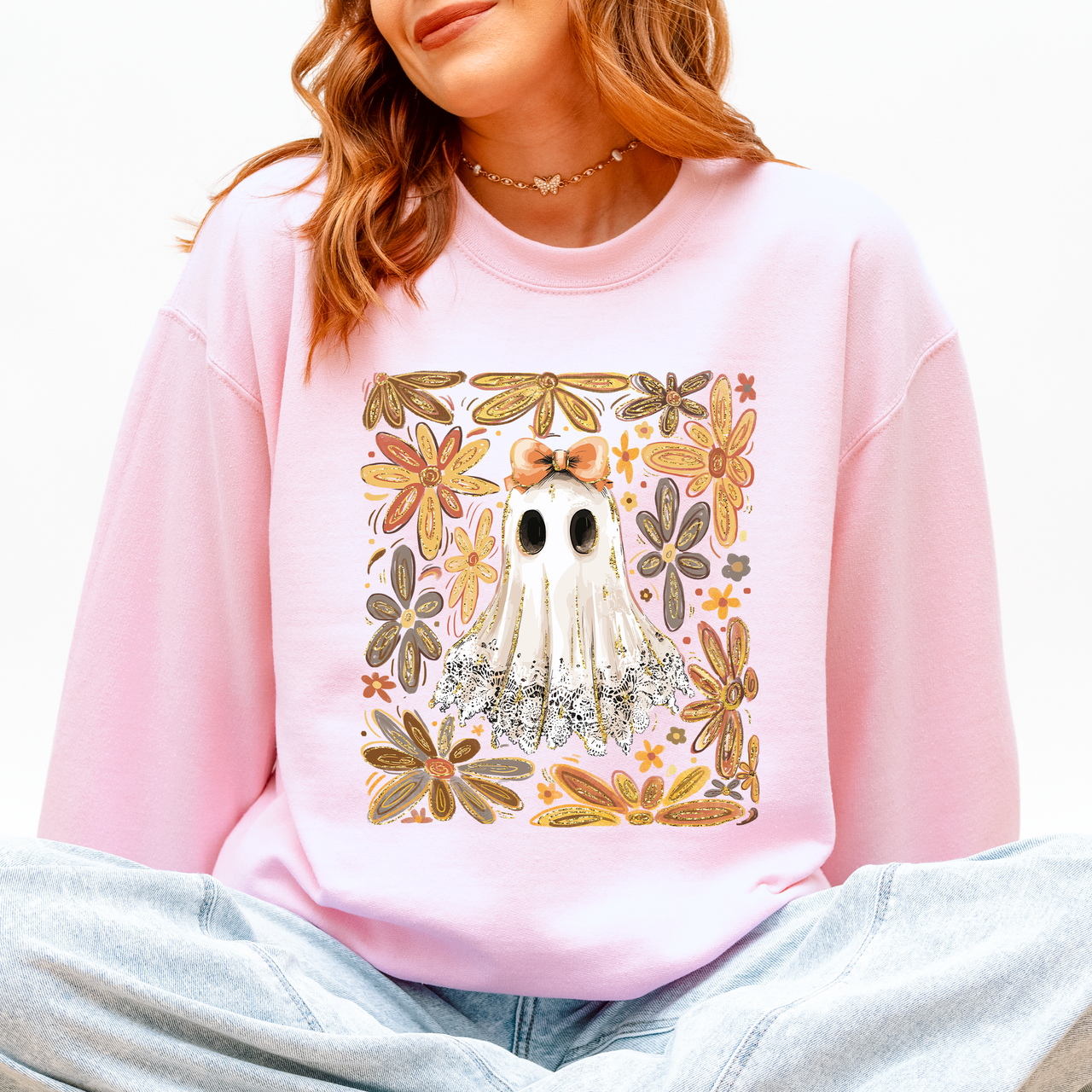 Beautiful Halloween Flowers Coquette Ghost Cozy Night Garden Illustration Sweatshirt