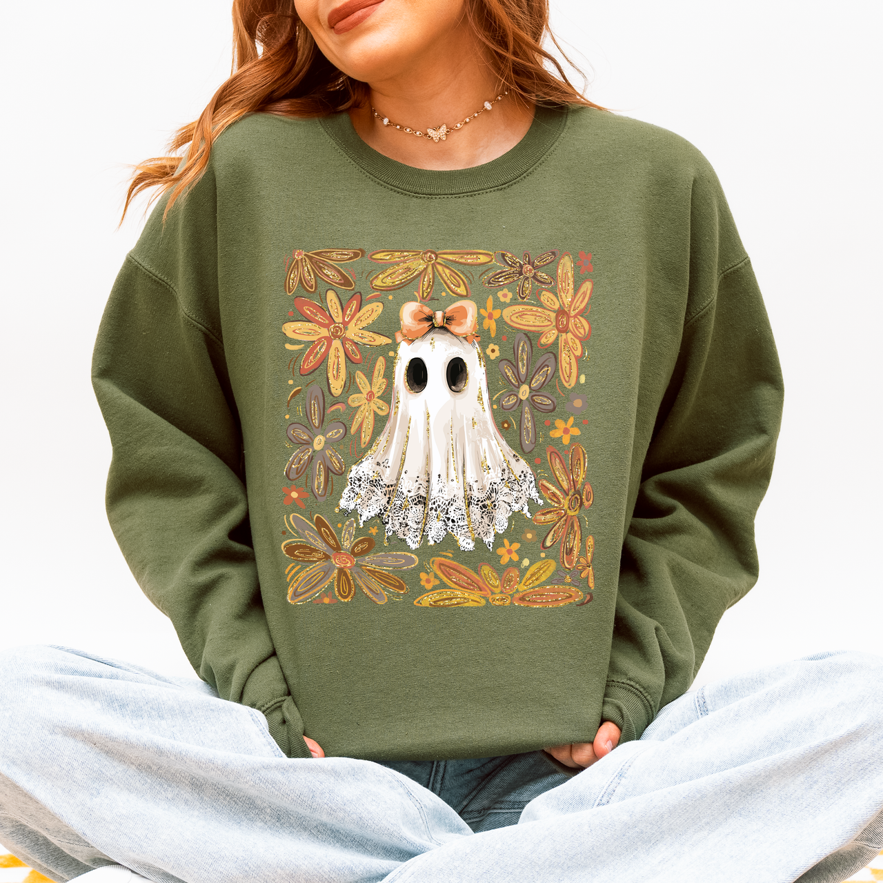 Beautiful Halloween Flowers Coquette Ghost Cozy Night Garden Illustration Sweatshirt