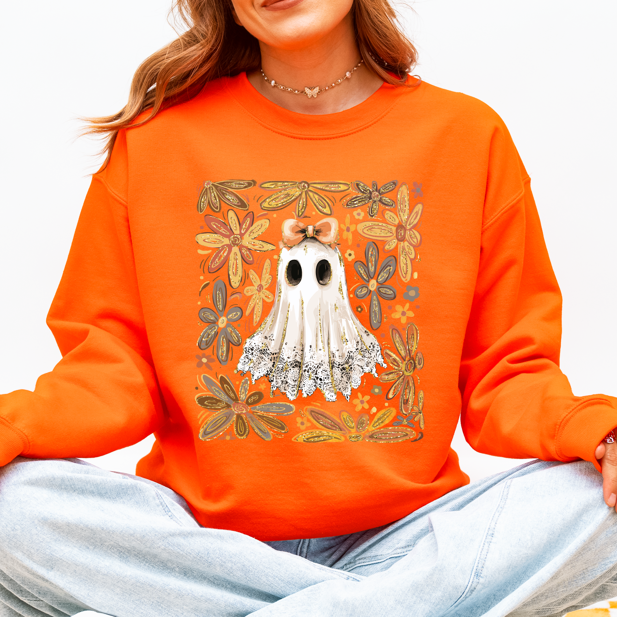 Beautiful Halloween Flowers Coquette Ghost Cozy Night Garden Illustration Sweatshirt