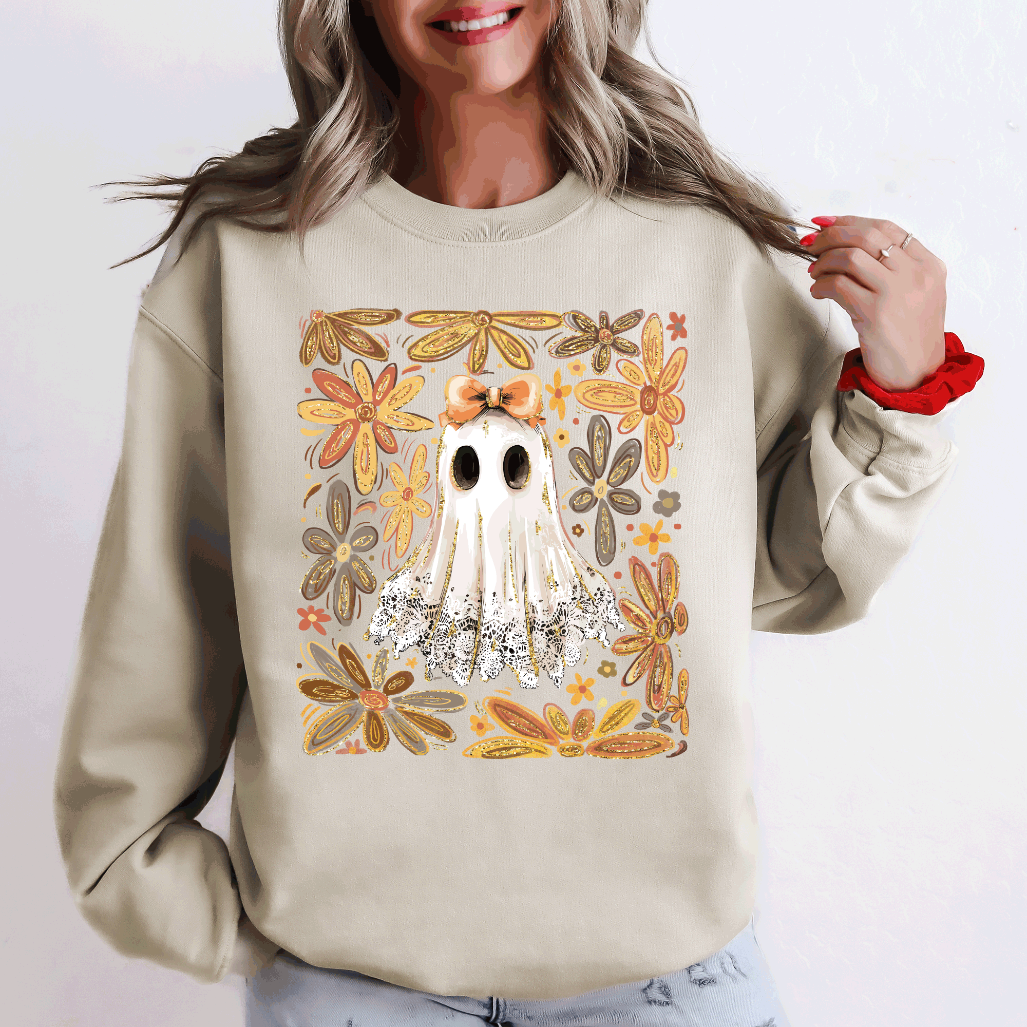 Beautiful Halloween Flowers Coquette Ghost Cozy Night Garden Illustration Sweatshirt