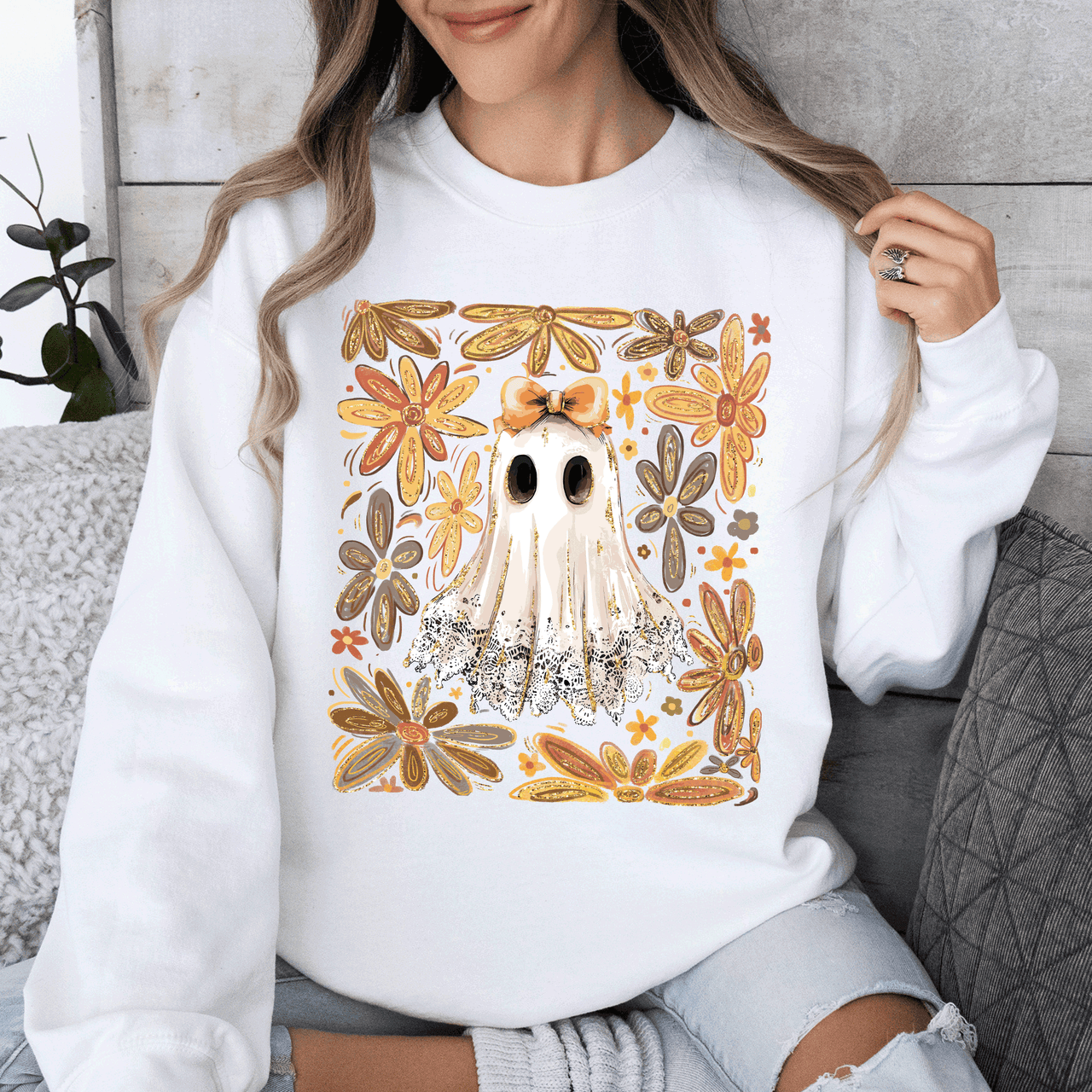 Beautiful Halloween Flowers Coquette Ghost Cozy Night Garden Illustration Sweatshirt