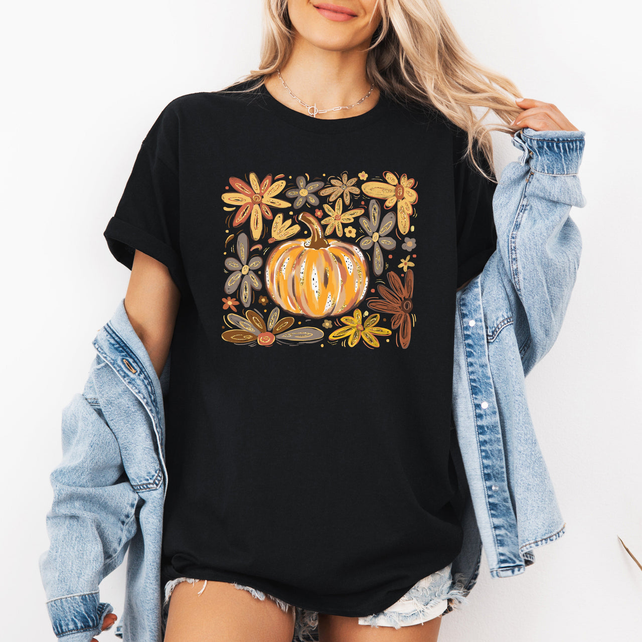 Beautiful Pumpkin Autumn Flowers Watercolor Floral Garden Patchwork Autumn Bloom Graphic Tee