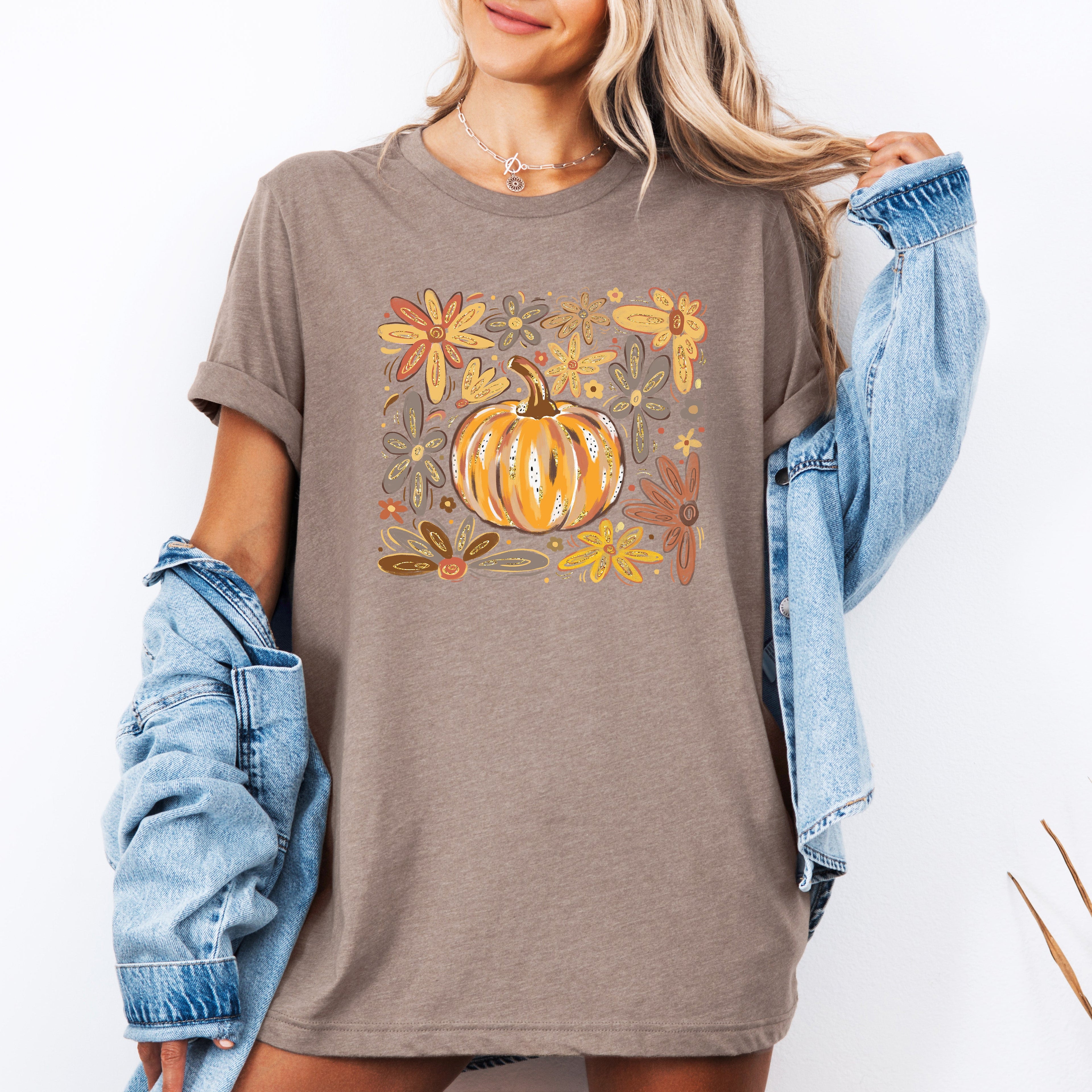 Beautiful Pumpkin Autumn Flowers Watercolor Floral Garden Patchwork Autumn Bloom Graphic Tee
