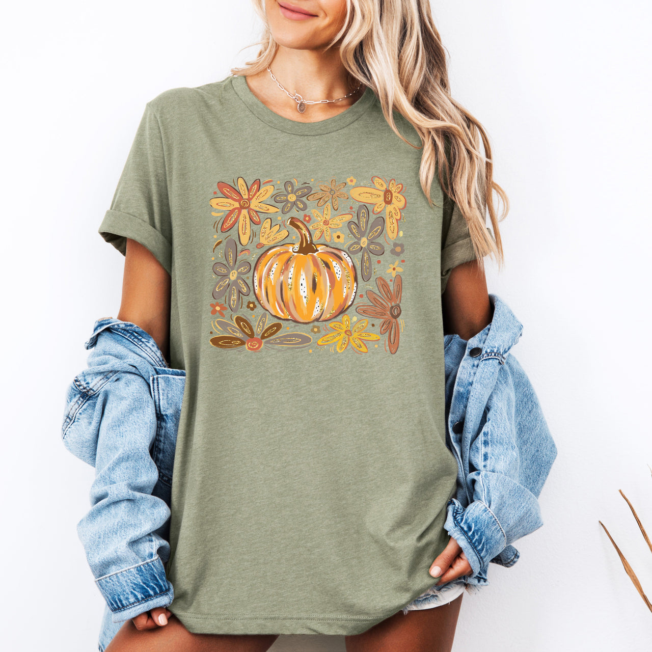 Beautiful Pumpkin Autumn Flowers Watercolor Floral Garden Patchwork Autumn Bloom Graphic Tee