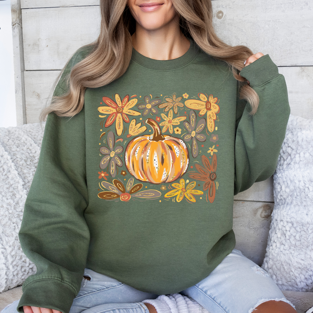 Beautiful Pumpkin Autumn Flowers Watercolor Floral Pattern With Rustic Harvest Vibes Sweatshirt