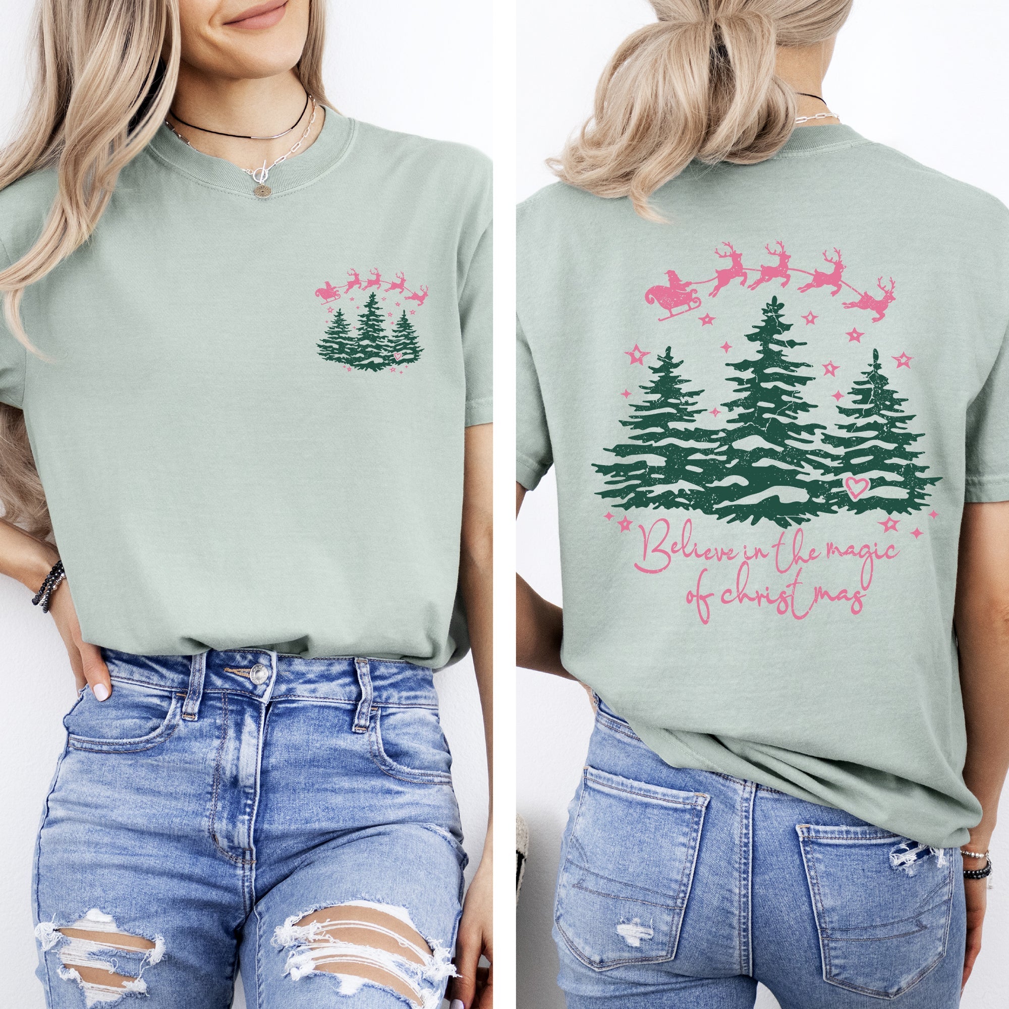 Believe In The Magic Of Christmas Santa Front And Back Christmas Trees Winter Snow Xmas Comfort Colors Tee
