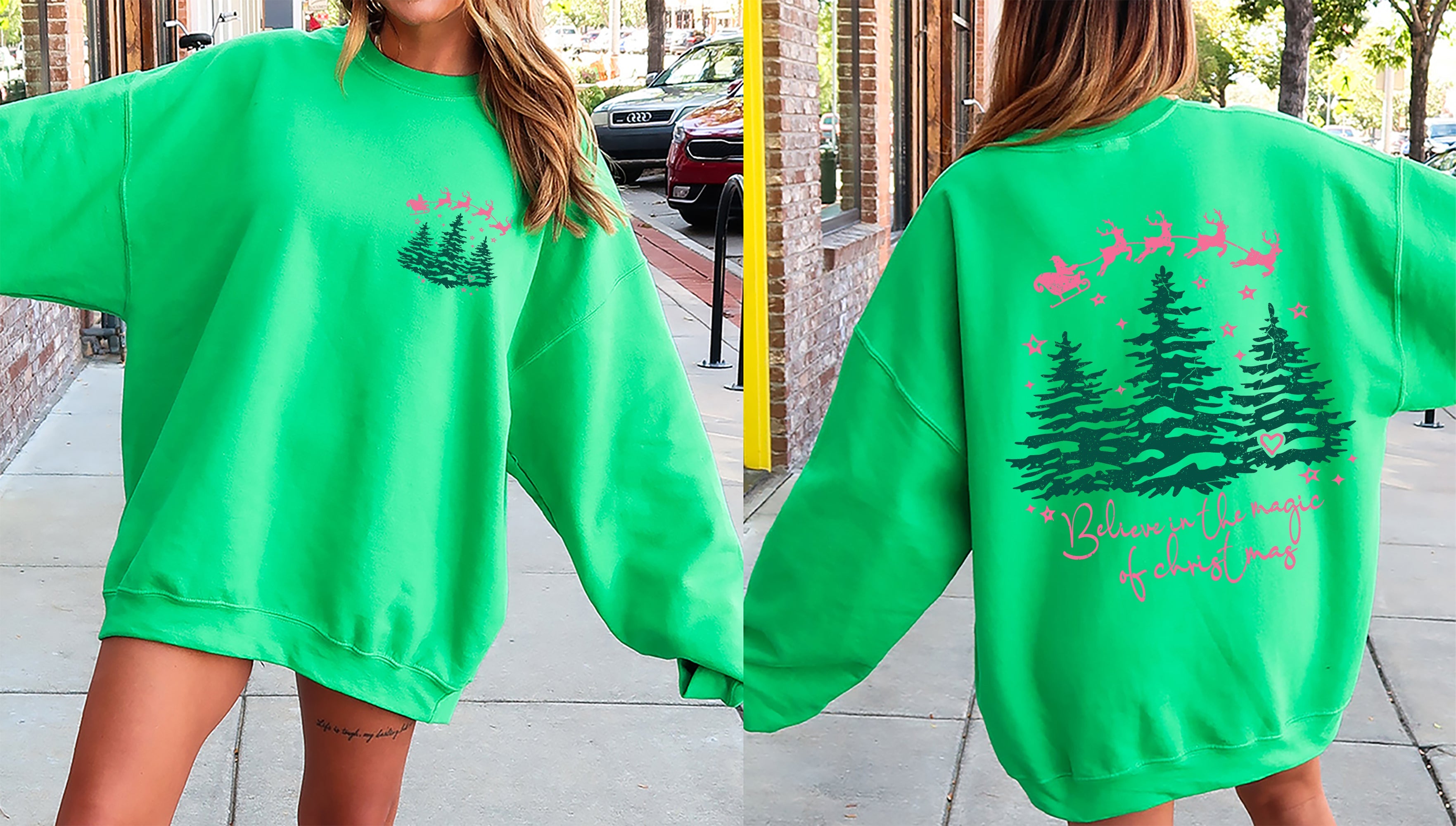 Believe In The Magic Of Christmas Santa Front And Back Christmas Trees Winter Snow Xmas Sweatshirt