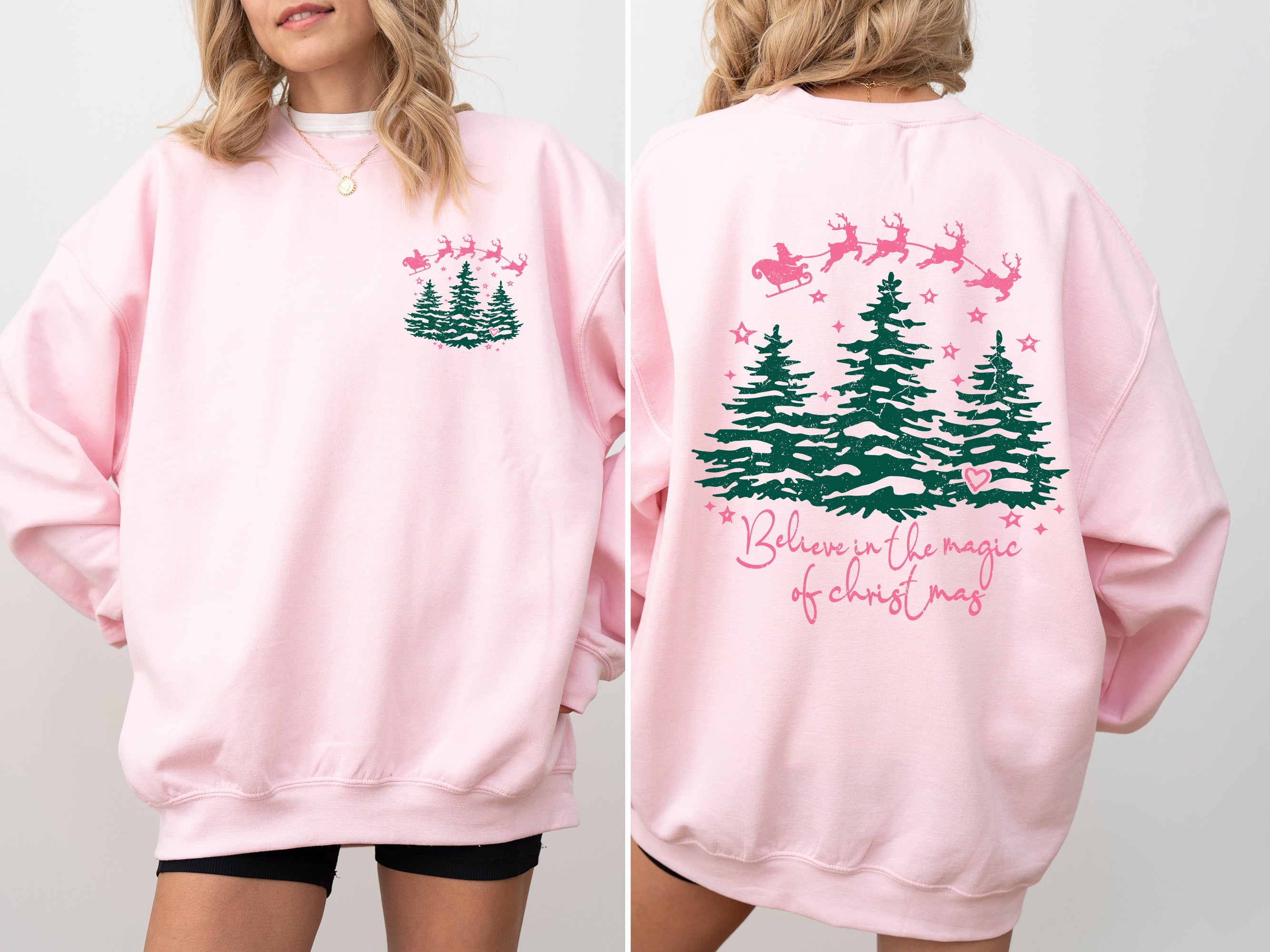 Believe In The Magic Of Christmas Santa Front And Back Christmas Trees Winter Snow Xmas Sweatshirt