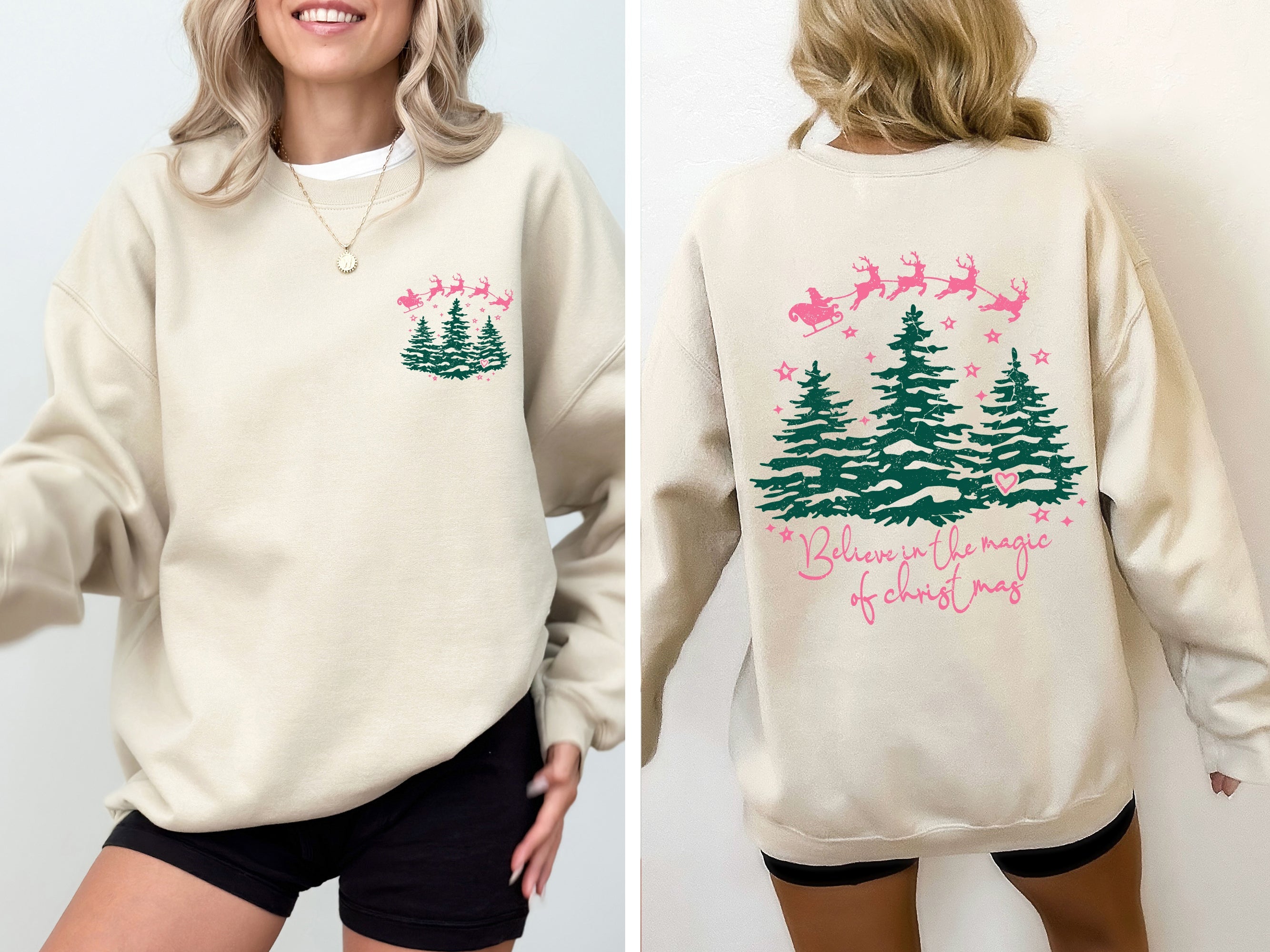 Believe In The Magic Of Christmas Santa Front And Back Christmas Trees Winter Snow Xmas Sweatshirt