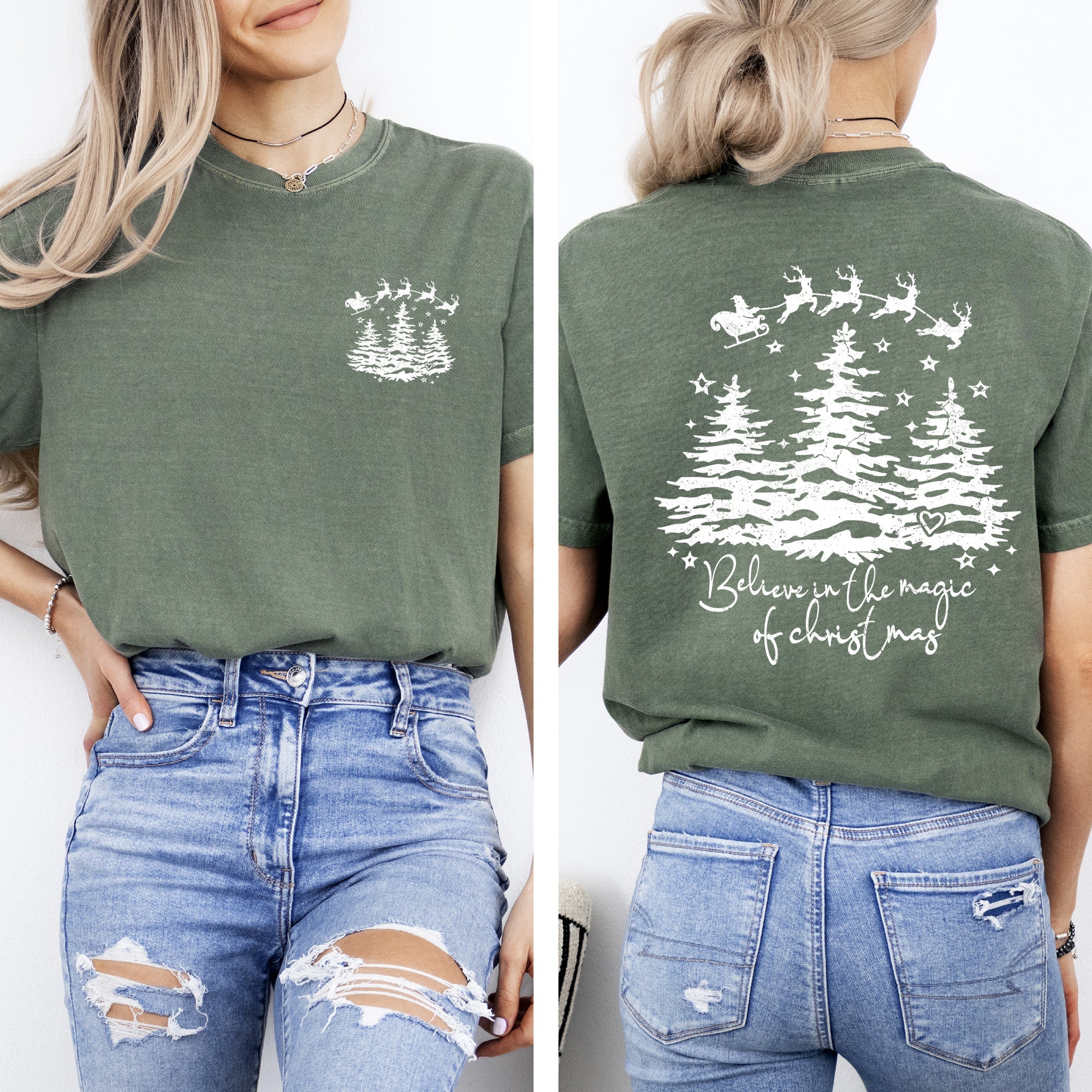 Believe In The Magic Of Christmas Santa Front And Back Christmas Trees Winter Snow Xmas Comfort Colors Tee