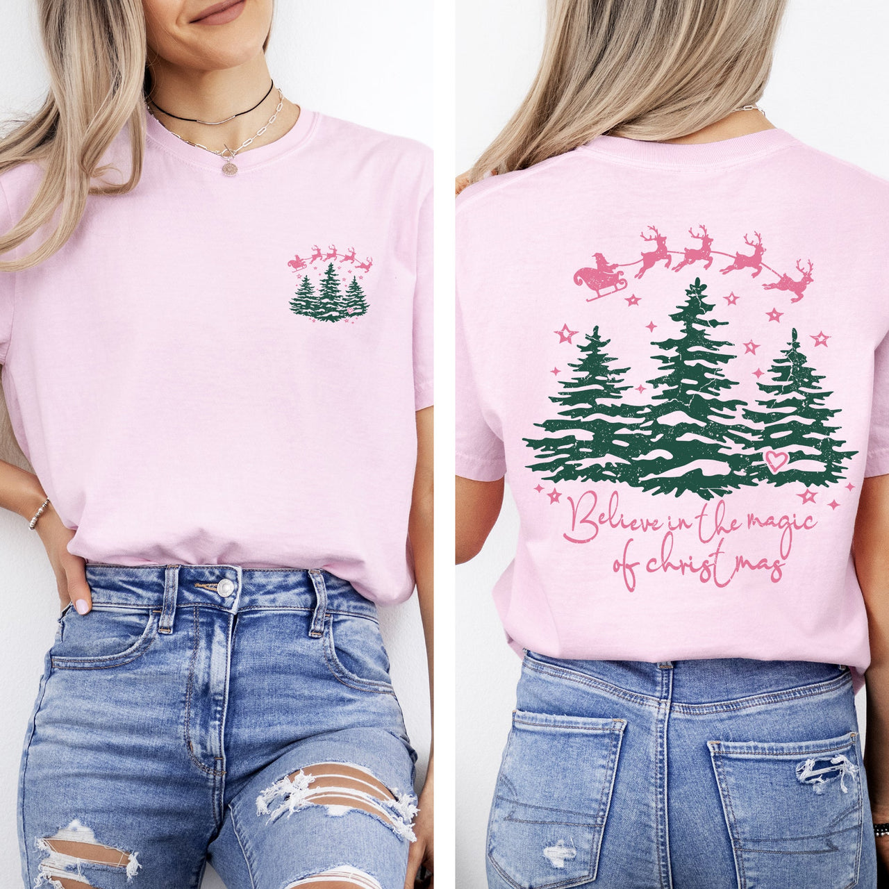 Believe In The Magic Of Christmas Santa Front And Back Christmas Trees Winter Snow Xmas Comfort Colors Tee