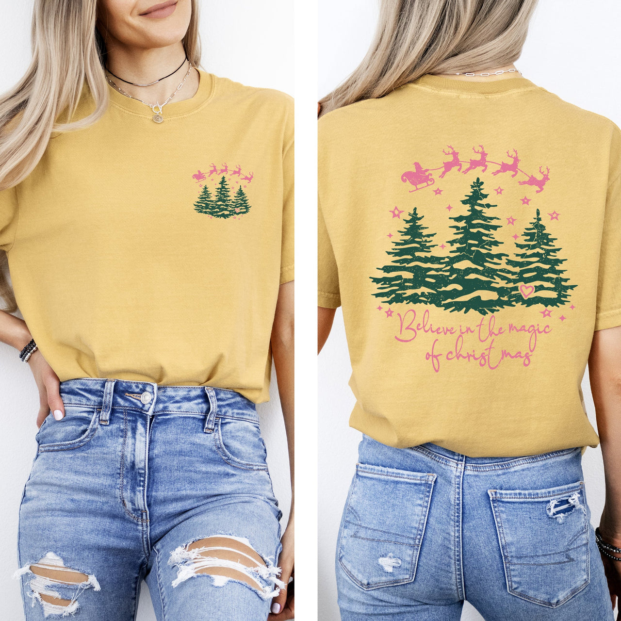 Believe In The Magic Of Christmas Santa Front And Back Christmas Trees Winter Snow Xmas Comfort Colors Tee