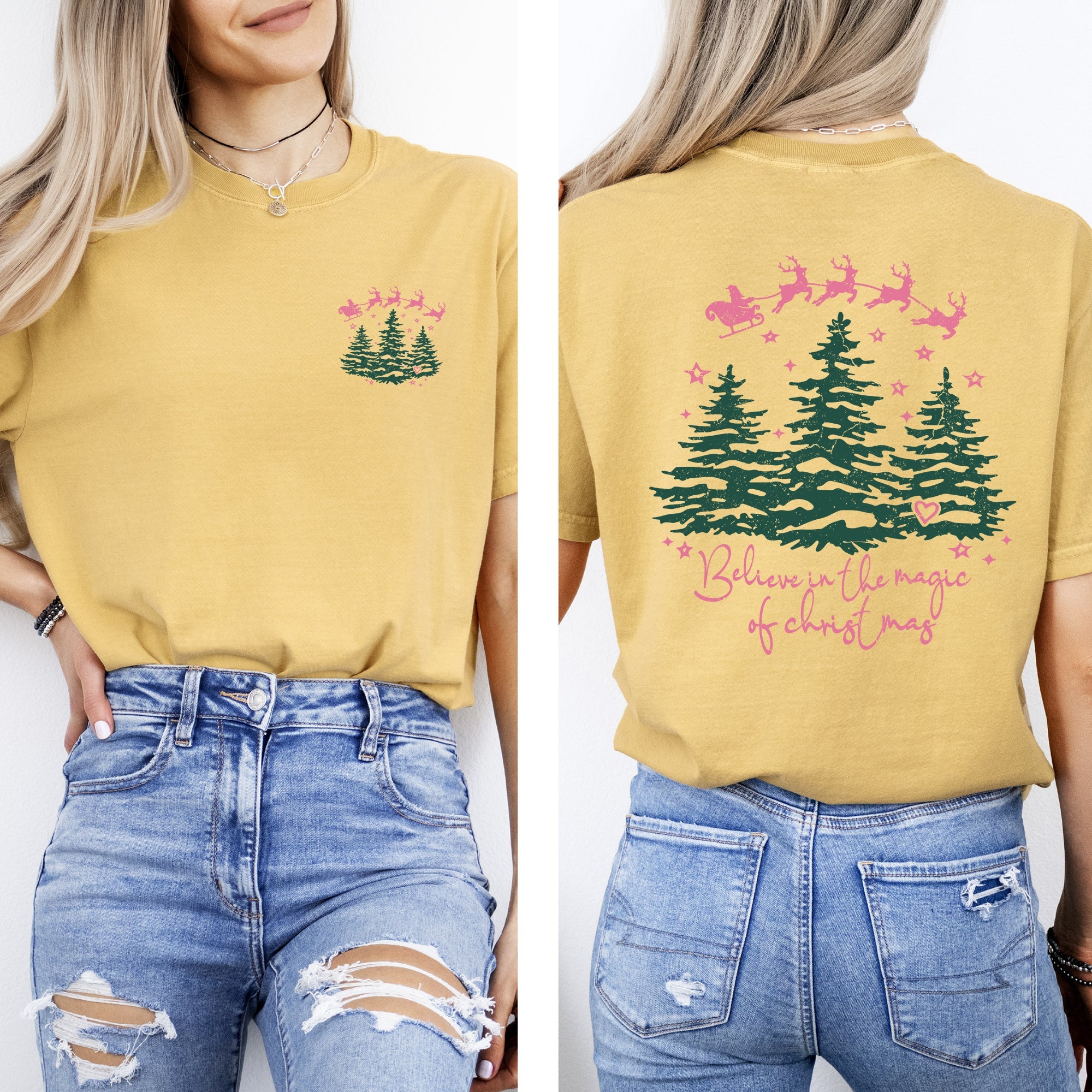 Believe In The Magic Of Christmas Santa Front And Back Christmas Trees Winter Snow Xmas Comfort Colors Tee