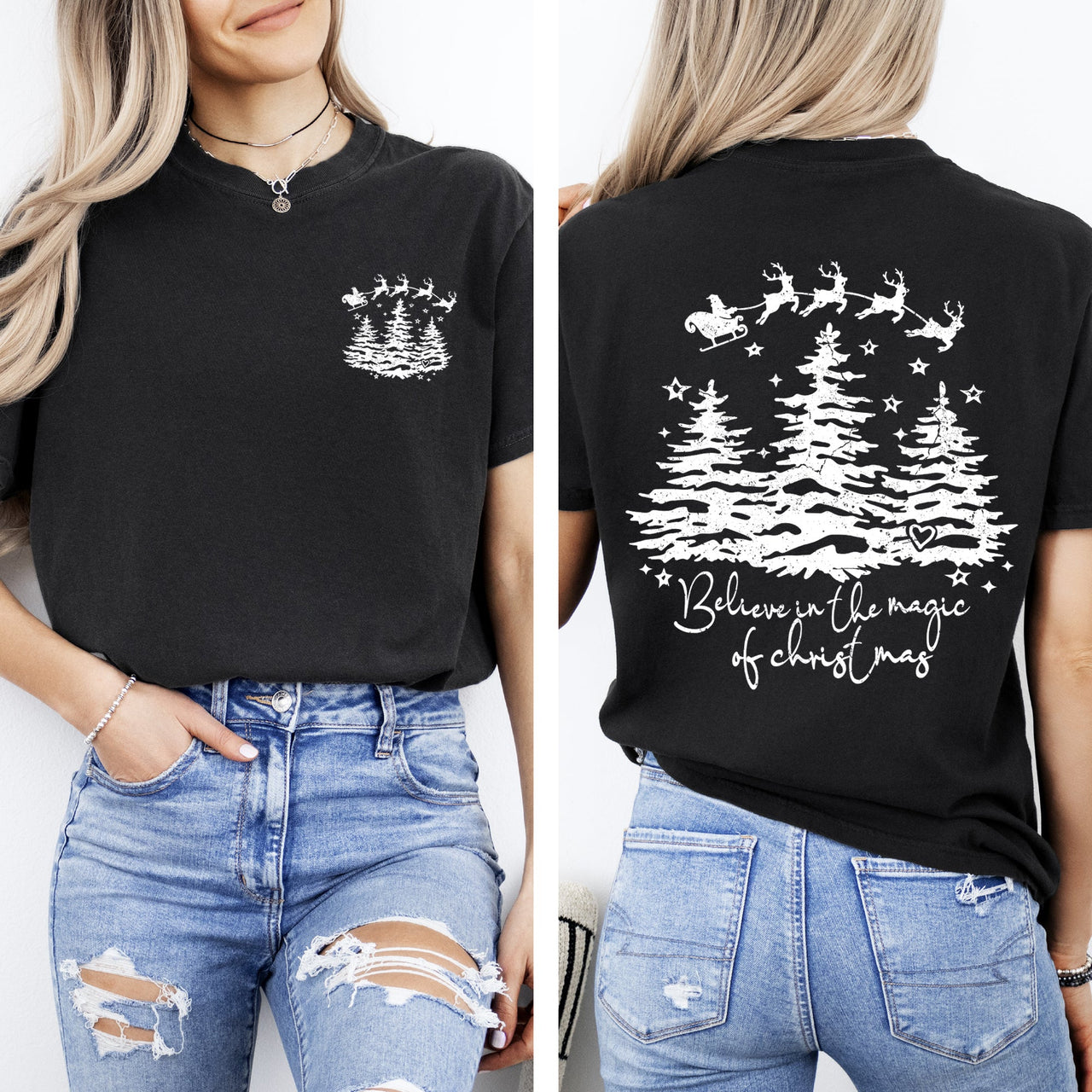 Believe In The Magic Of Christmas Santa Front And Back Christmas Trees Winter Snow Xmas Comfort Colors Tee