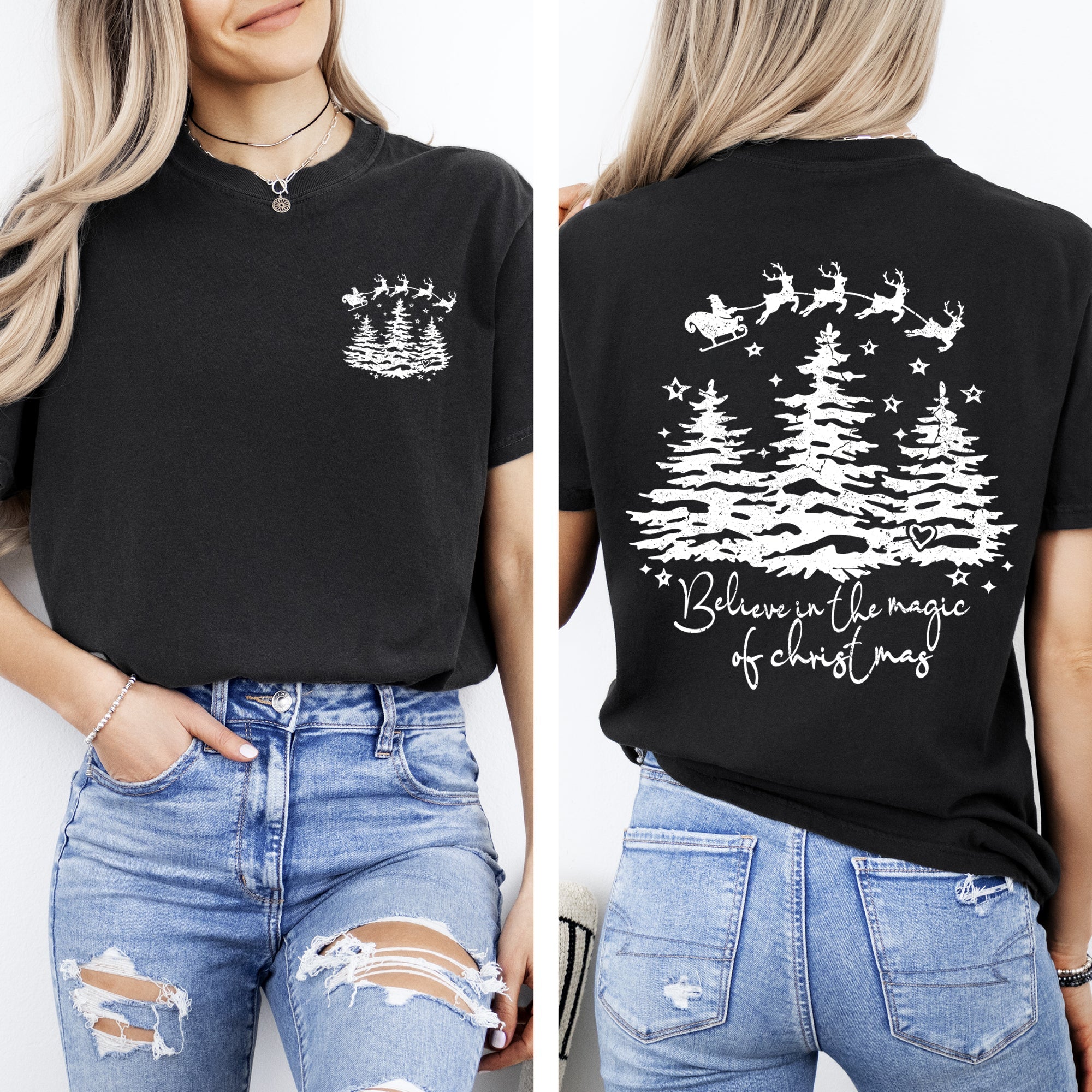 Believe In The Magic Of Christmas Santa Front And Back Christmas Trees Winter Snow Xmas Comfort Colors Tee