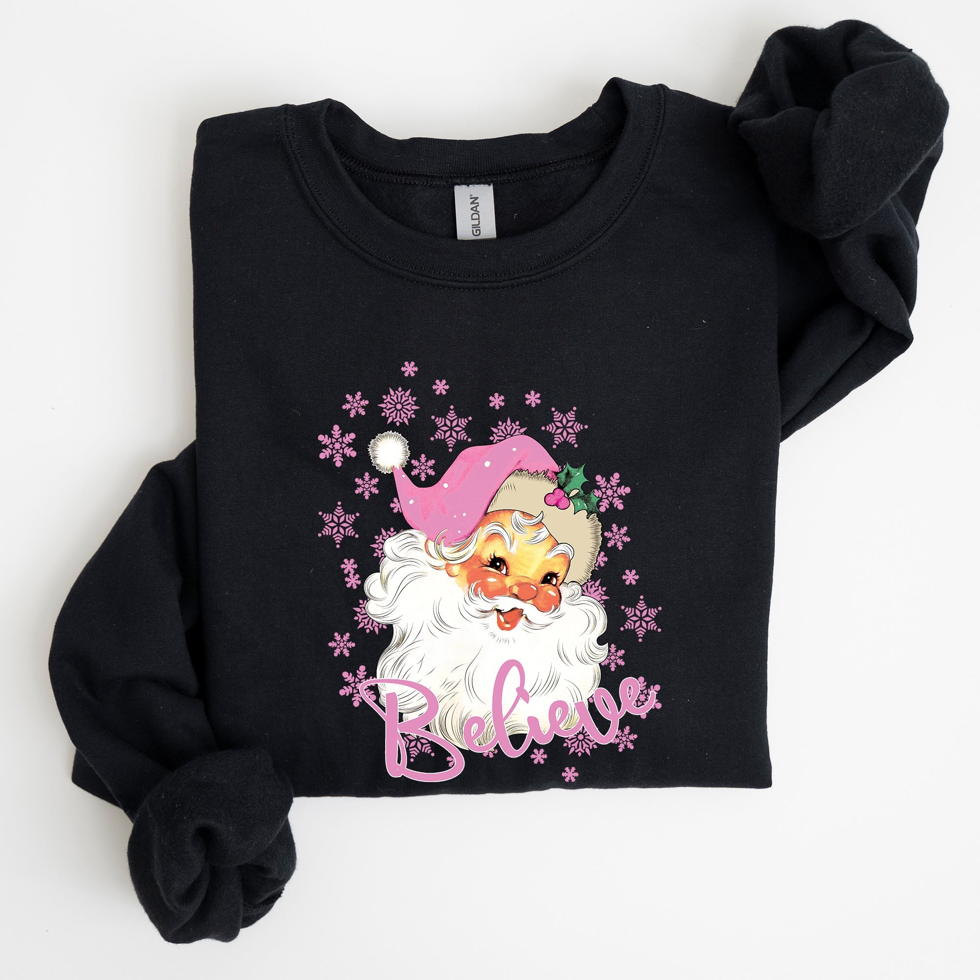 Believe Pink Santa Snowflakes Christmas Winter Snow Xmas Graphic Sweatshirt Cozy Holiday Style