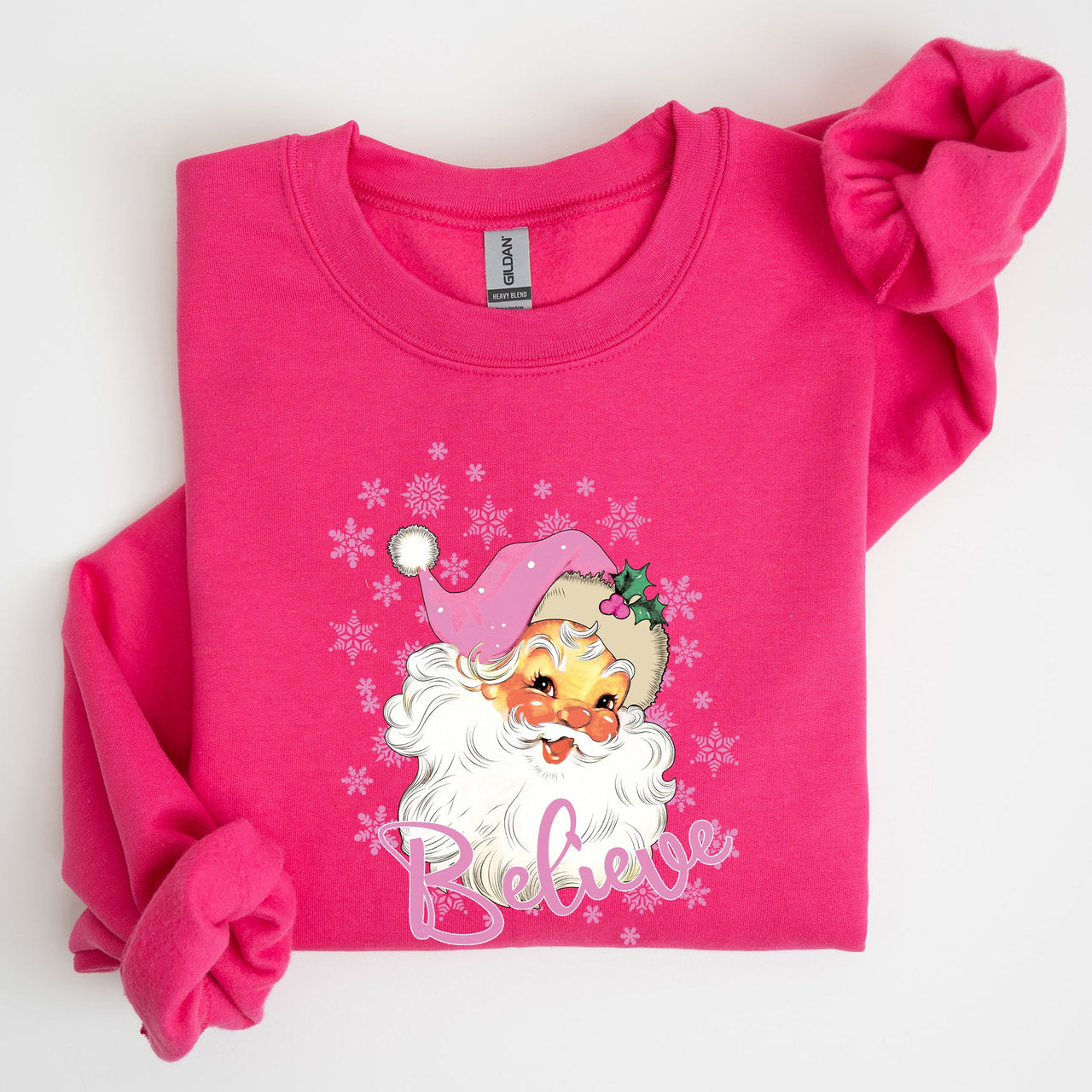 Believe Pink Santa Snowflakes Christmas Winter Snow Xmas Graphic Sweatshirt Cozy Holiday Style