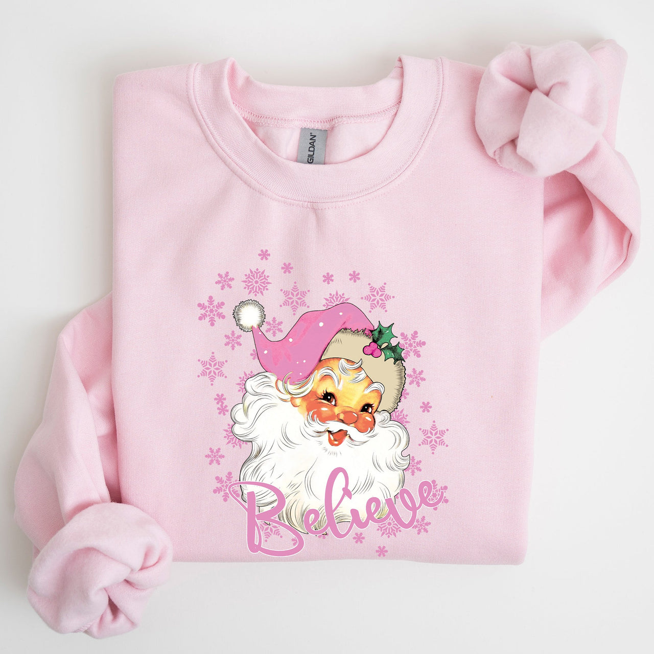 Believe Pink Santa Snowflakes Christmas Winter Snow Xmas Graphic Sweatshirt Cozy Holiday Style
