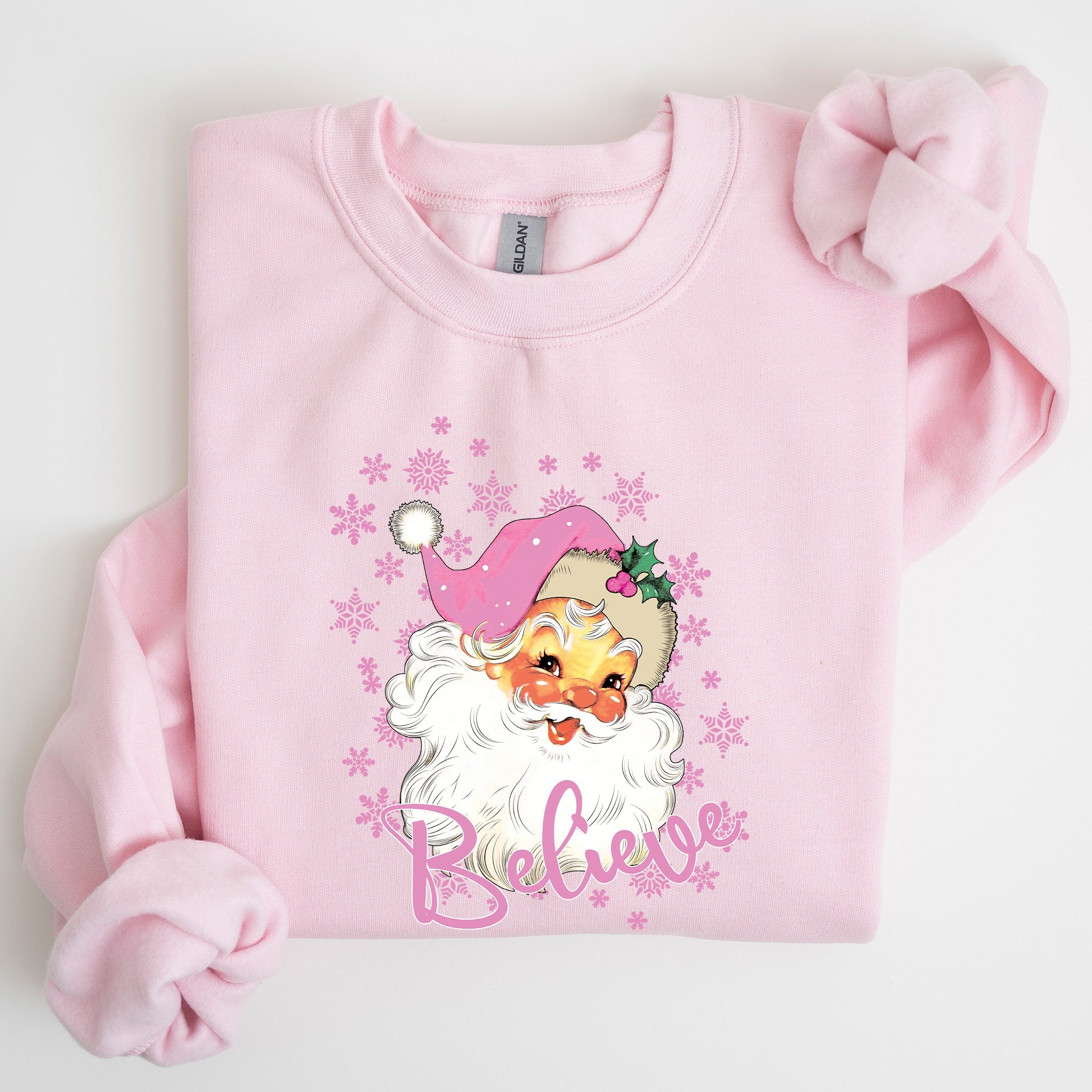 Believe Pink Santa Snowflakes Christmas Winter Snow Xmas Graphic Sweatshirt Cozy Holiday Style