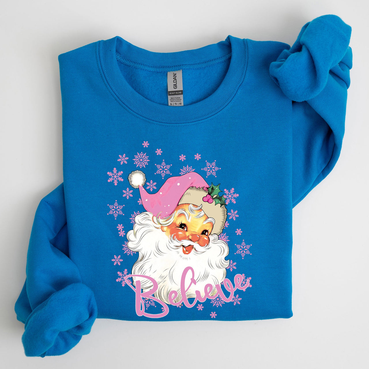 Believe Pink Santa Snowflakes Christmas Winter Snow Xmas Graphic Sweatshirt Cozy Holiday Style