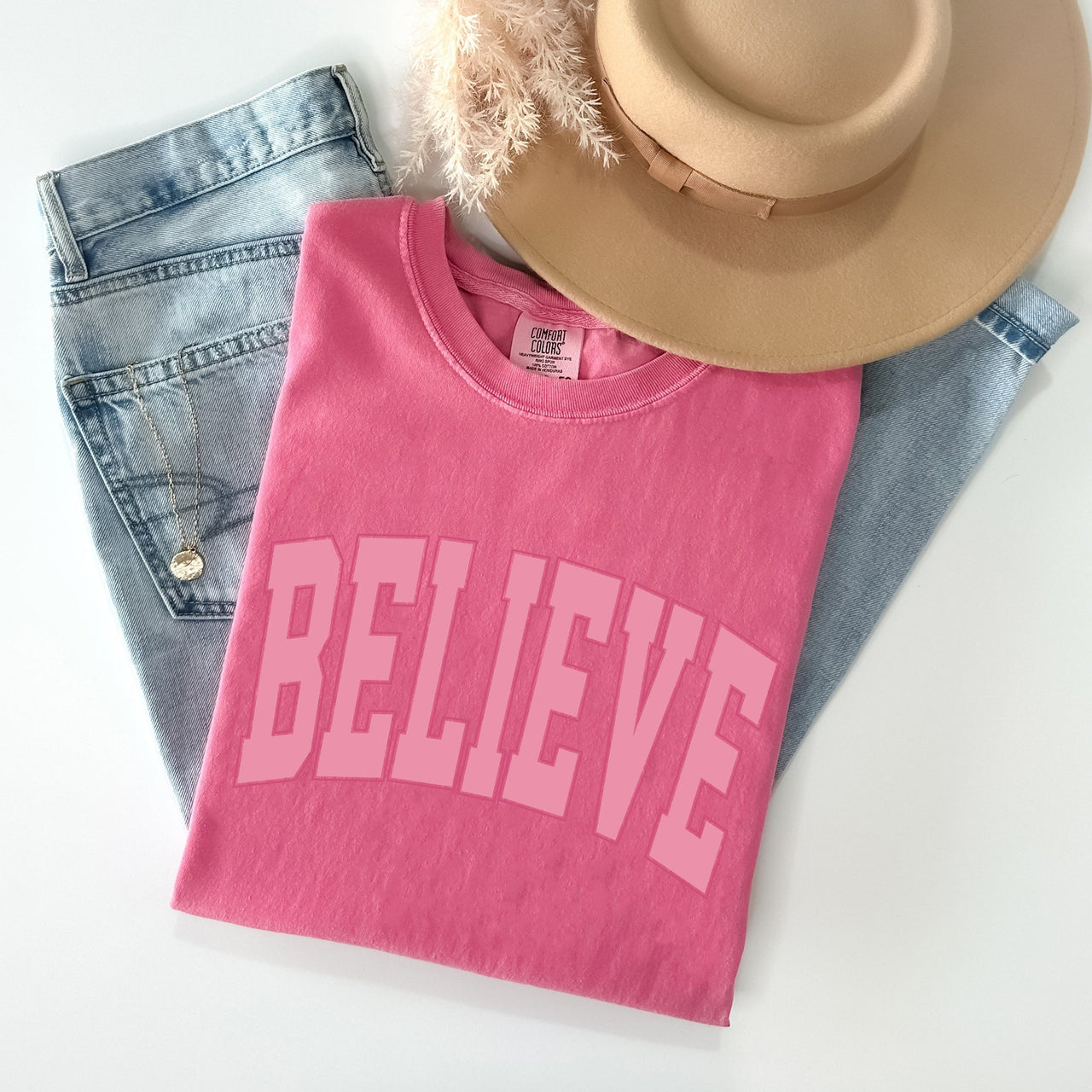 Believe Varsity Collegiate Christmas Santa Winter Xmas Classic Comfort Colors Tee