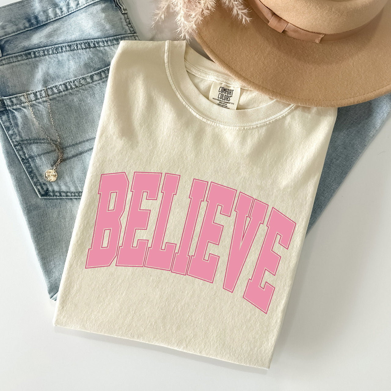 Believe Varsity Collegiate Christmas Santa Winter Xmas Classic Comfort Colors Tee