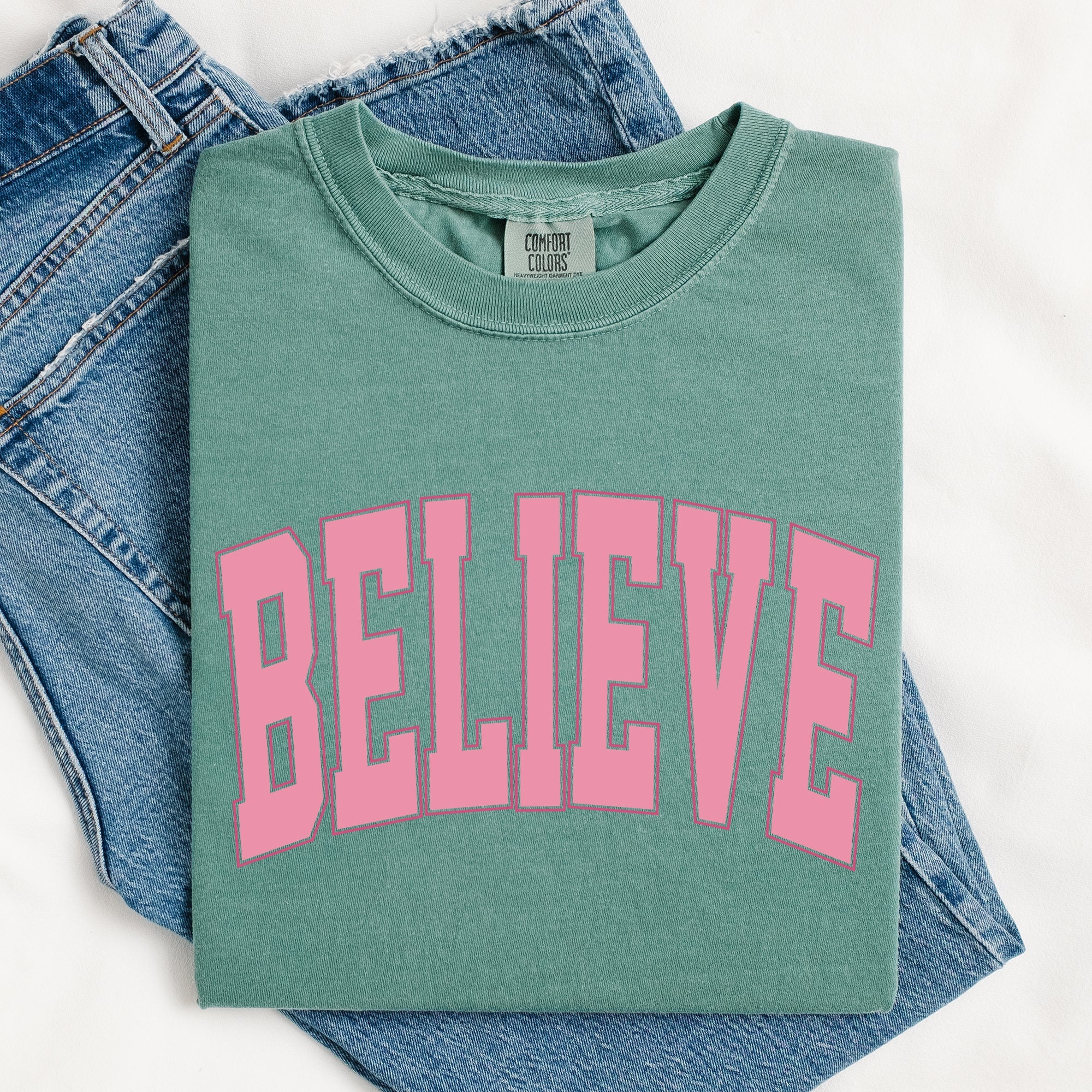 Believe Varsity Collegiate Christmas Santa Winter Xmas Classic Comfort Colors Tee