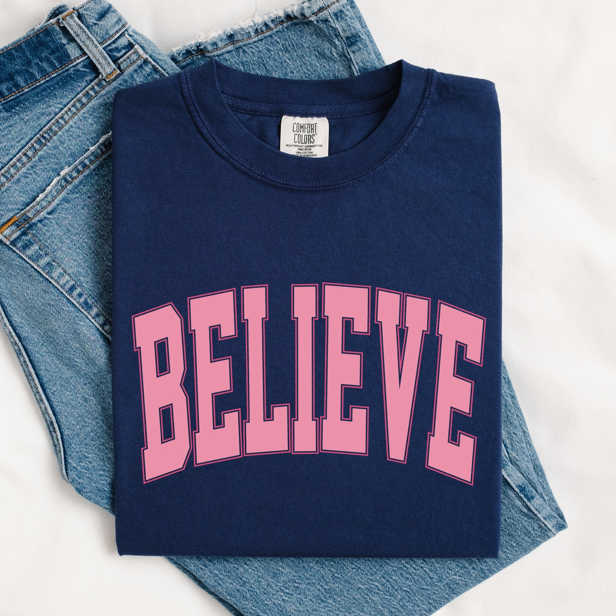 Believe Varsity Collegiate Christmas Santa Winter Xmas Classic Comfort Colors Tee