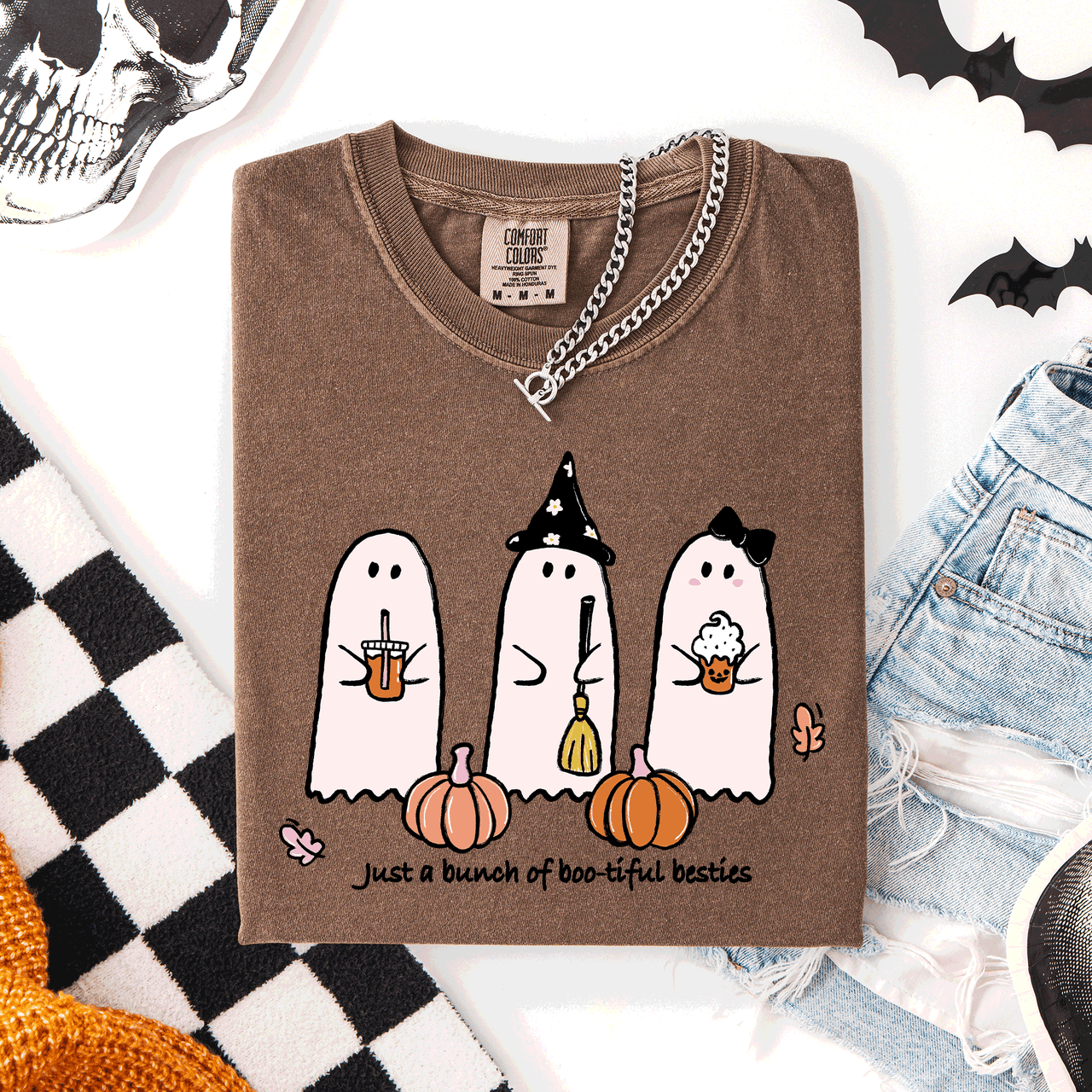 Besties Halloween Ghosts Cute Witch Pumpkin Festive Portrait Illustration Comfort Colors Tee