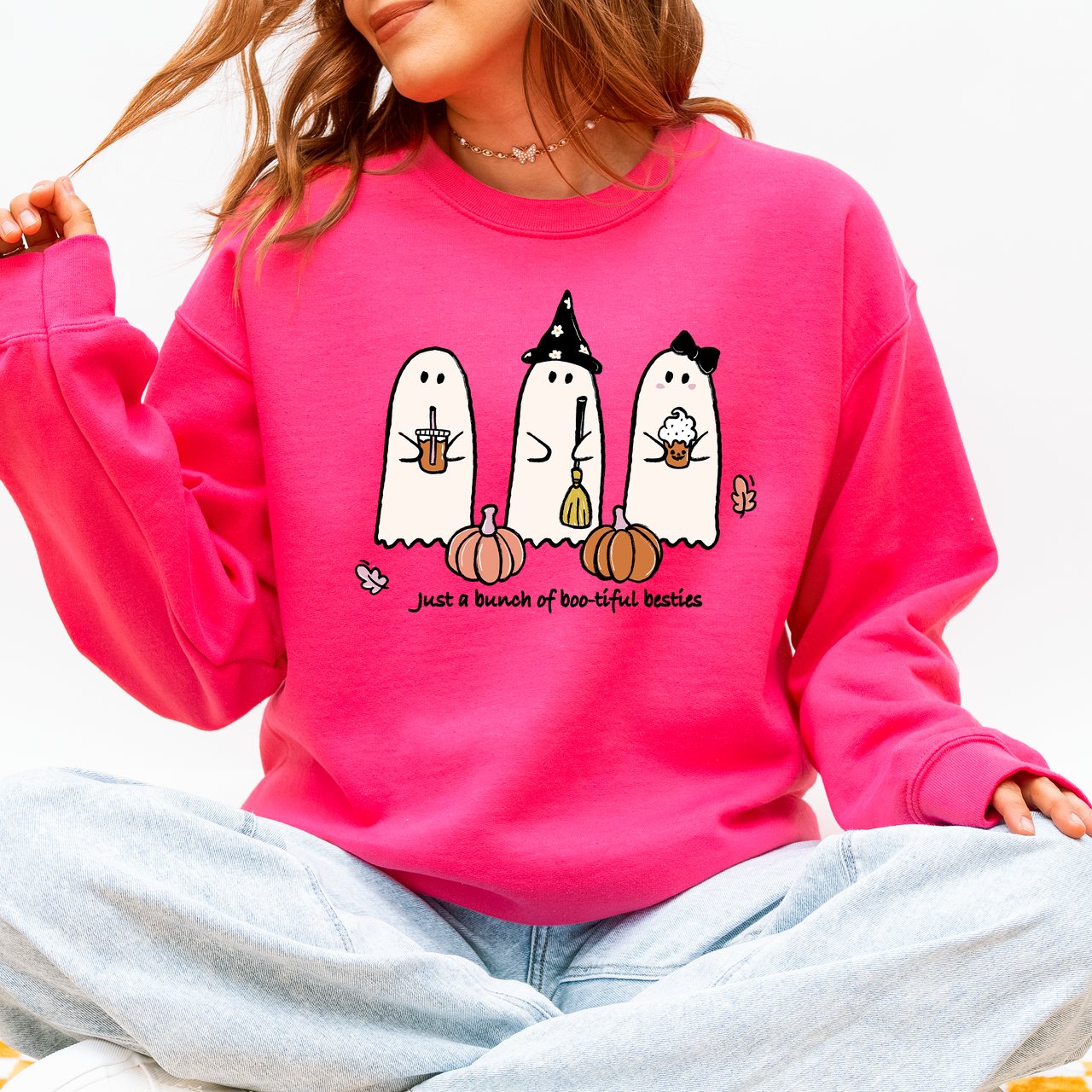 Besties Halloween Ghosts Witch Pumpkin Spooky Cozy Autumn Night Party Moody Festival Friends Forever Crew Sweatshirt