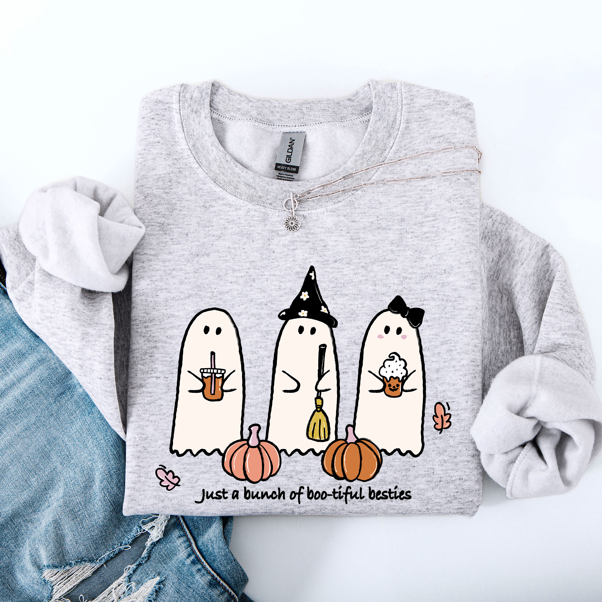 Besties Halloween Ghosts Witch Pumpkin Spooky Cozy Autumn Night Party Moody Festival Friends Forever Crew Sweatshirt