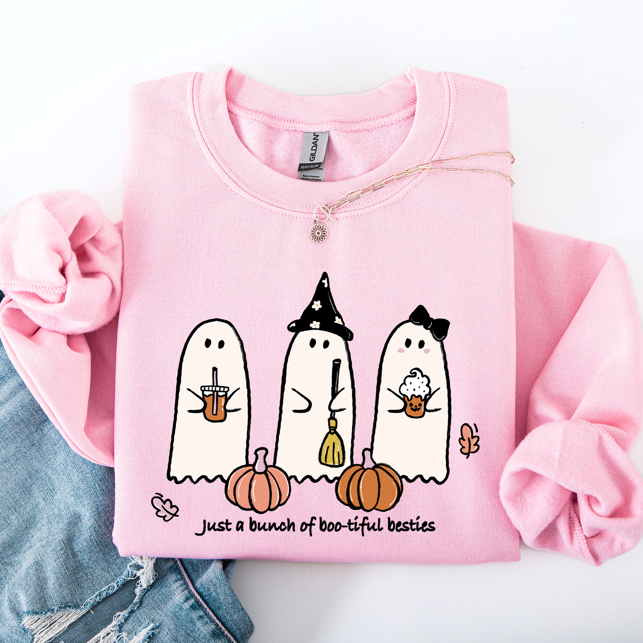 Besties Halloween Ghosts Witch Pumpkin Spooky Cozy Autumn Night Party Moody Festival Friends Forever Crew Sweatshirt