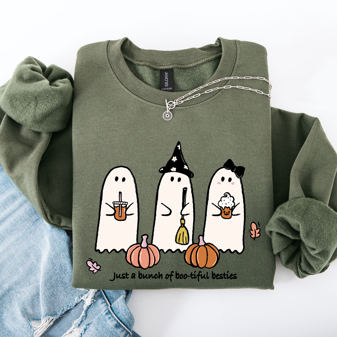 Besties Halloween Ghosts Witch Pumpkin Spooky Cozy Autumn Night Party Moody Festival Friends Forever Crew Sweatshirt