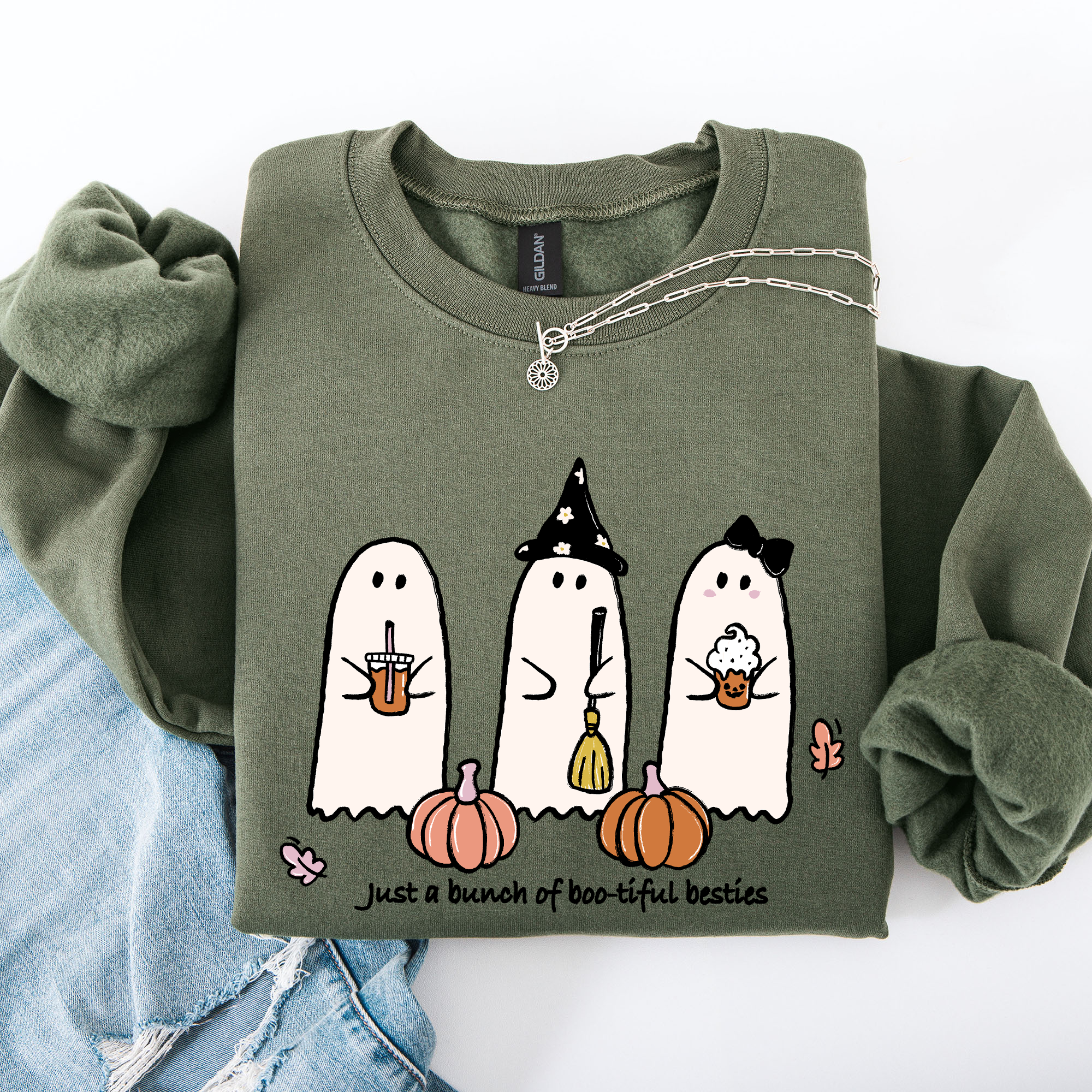 Besties Halloween Ghosts Witch Pumpkin Spooky Cozy Autumn Night Party Moody Festival Friends Forever Crew Sweatshirt